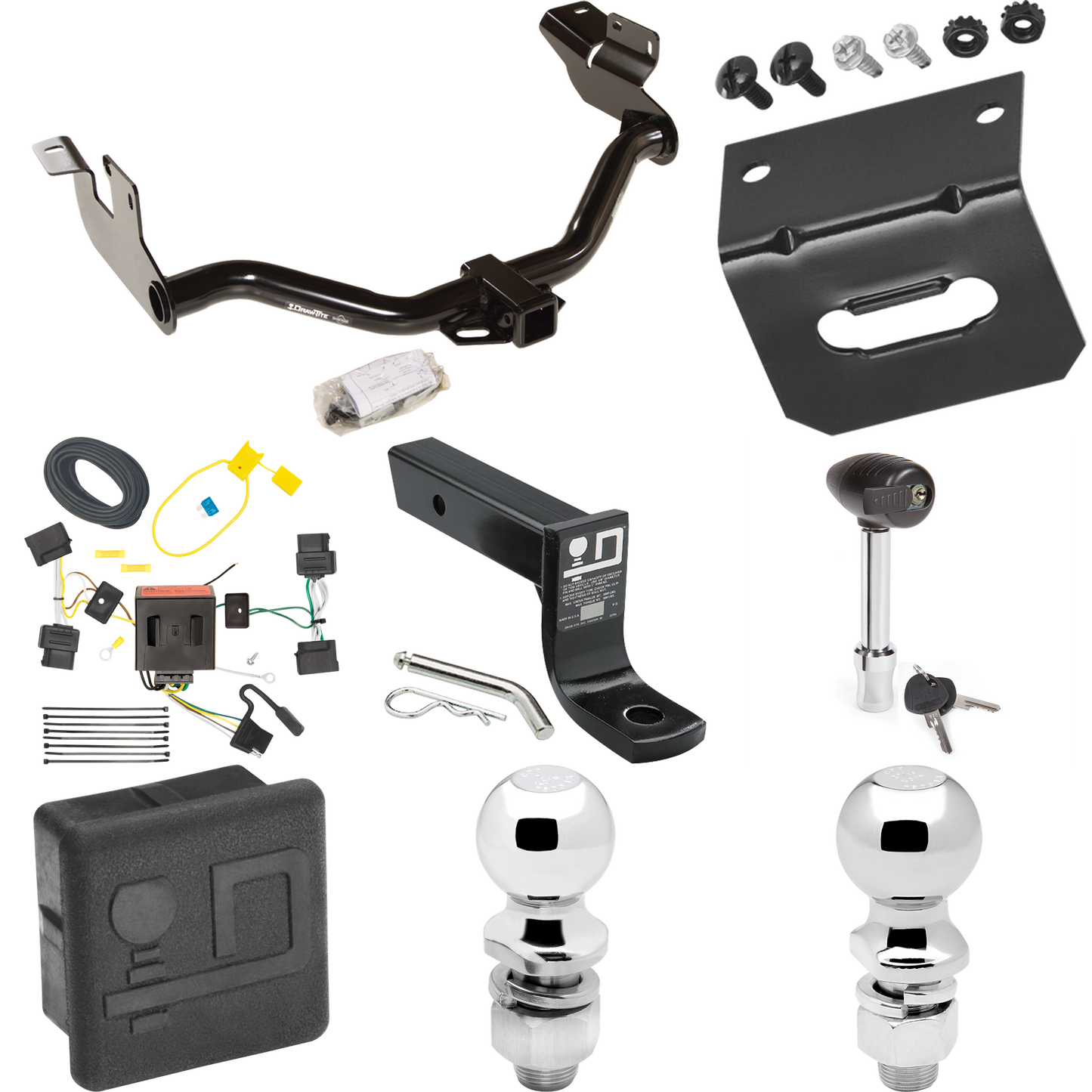 Se adapta al paquete de enganche de remolque Mazda Tribute 2008-2011 con cableado plano de 4 + soporte de bola con caída de 4" + bola de 2" + bola de 2-5/16" + soporte de cableado + bloqueo de enganche + cubierta de enganche de Draw-Tite