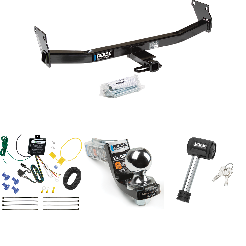 Fits 2007-2007 Jeep Patriot Trailer Hitch Tow PKG w/ 4-Flat Wiring Harness + Interlock Starter Kit w/ 2" Ball 2-1/2" Drop 2" Rise + Hitch Lock By Reese Towpower