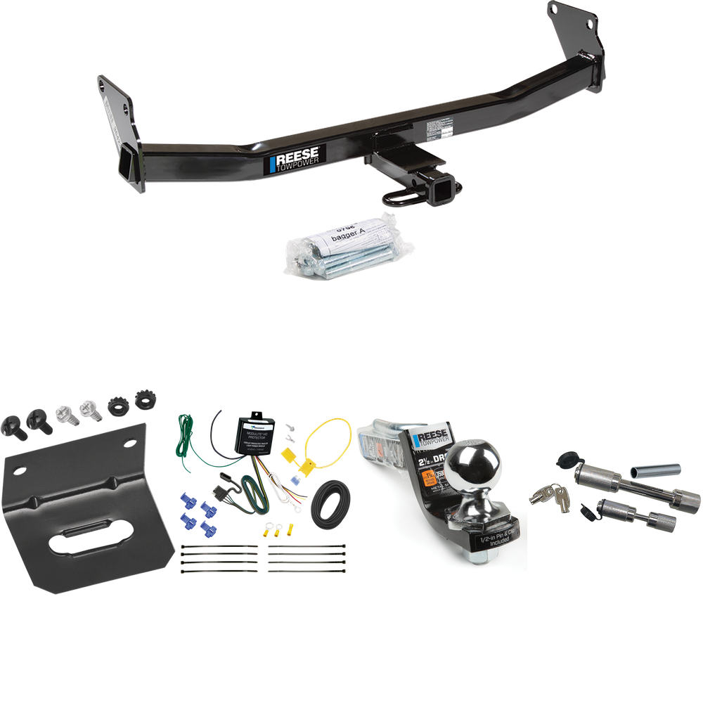 Fits 2007-2010 Jeep Compass Trailer Hitch Tow PKG w/ 4-Flat Wiring Harness + Interlock Starter Kit w/ 2" Ball 2-1/2" Drop 2" Rise + Wiring Bracket + Dual Hitch & Coupler Locks By Reese Towpower