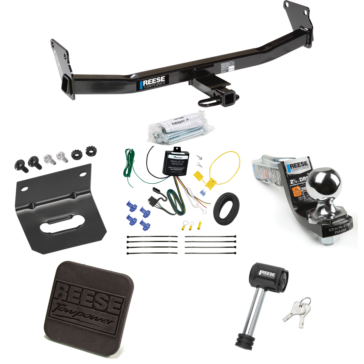 Fits 2007-2007 Jeep Patriot Trailer Hitch Tow PKG w/ 4-Flat Wiring Harness + Interlock Starter Kit w/ 2" Ball 2-1/2" Drop 2" Rise + Wiring Bracket + Hitch Cover + Hitch Lock By Reese Towpower