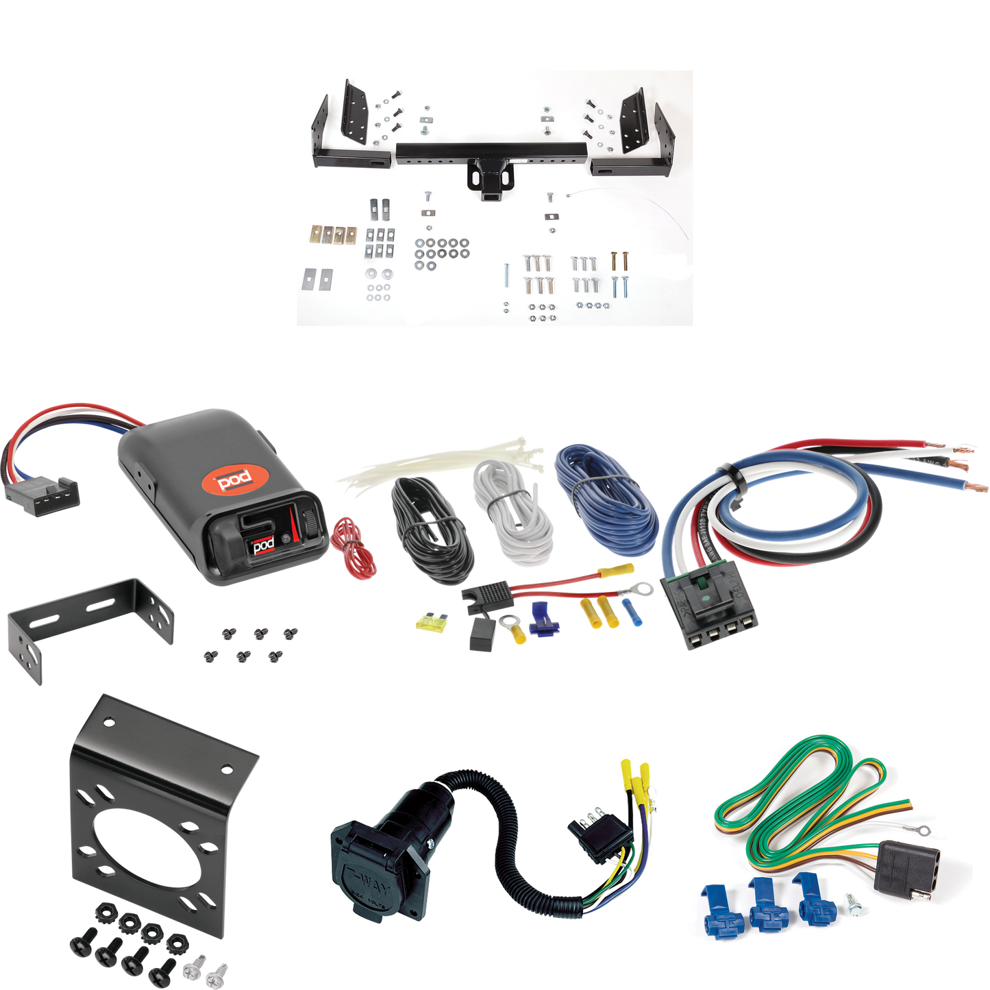 Fits 1984-1990 Dodge Caravan Trailer Hitch Tow PKG w/ Pro Series POD Brake Control + Generic BC Wiring Adapter + 7-Way RV Wiring (For 2 WD, Short Wheelbase Models) By Reese Towpower