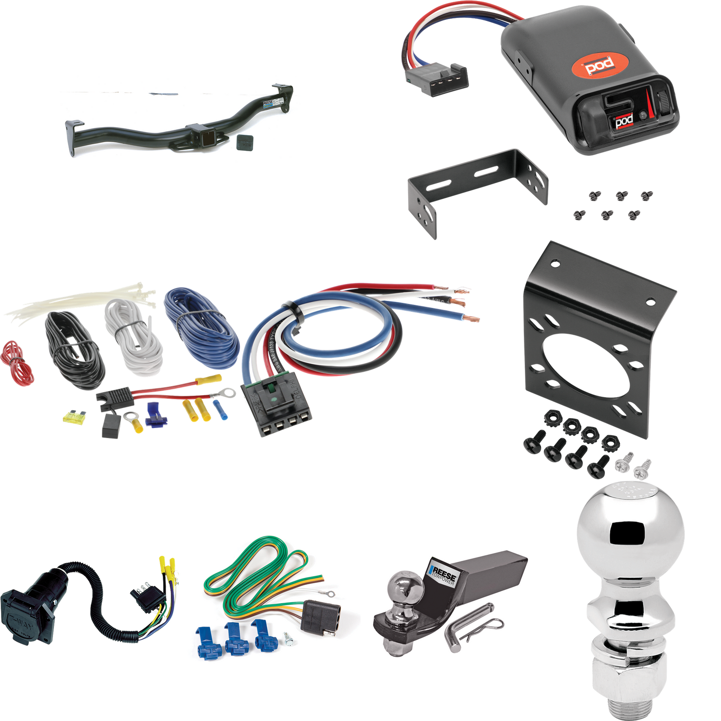 Se adapta al paquete de enganche de remolque GMC Savana 2500 1996-2014 con control de freno POD serie Pro + adaptador de cableado BC genérico + cableado RV de 7 vías + soporte de bola y caída de 2" y 2-5/16" de Reese Towpower