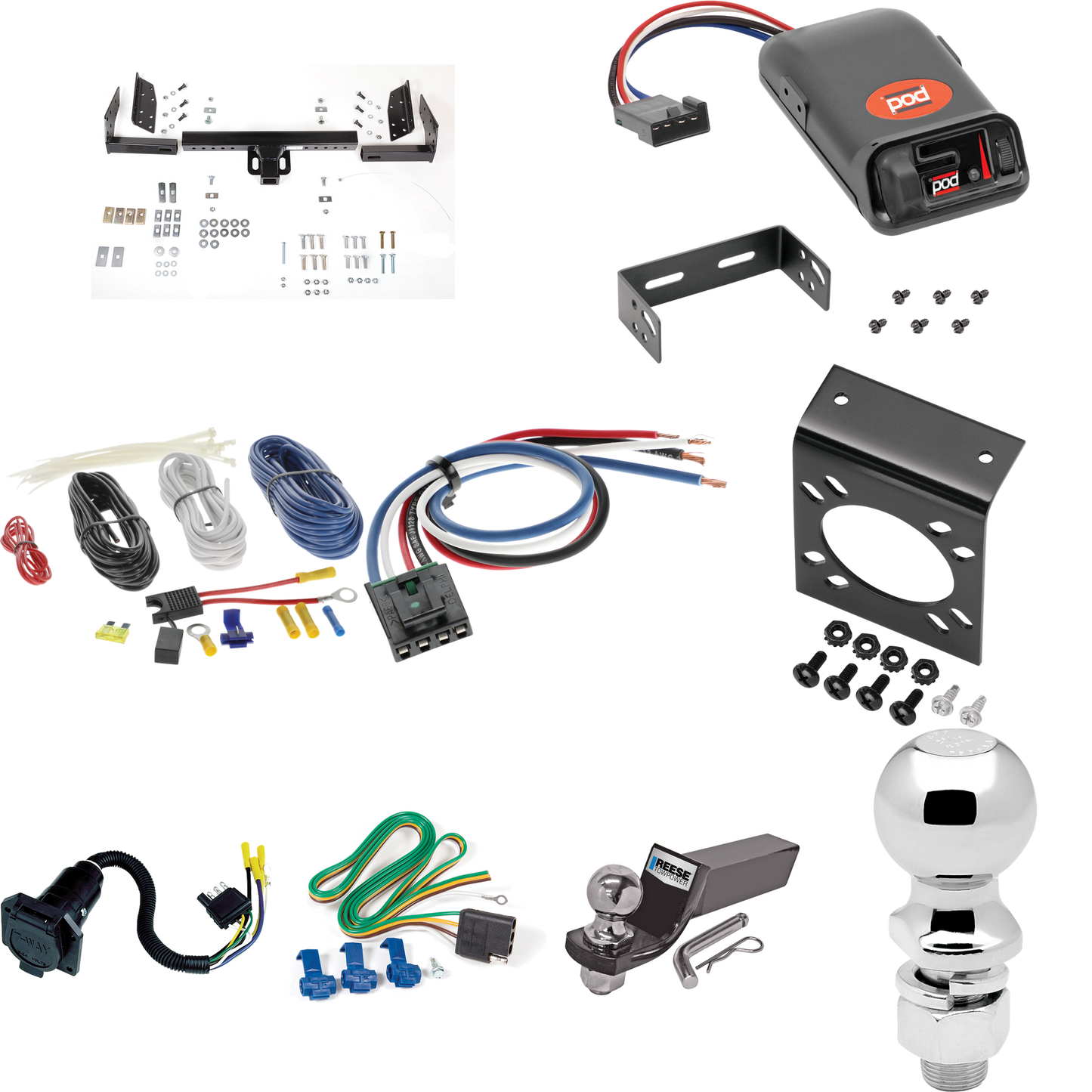 Se adapta al paquete de enganche de remolque Plymouth Voyager 1984-1990 con control de freno POD serie Pro + adaptador de cableado BC genérico + cableado RV de 7 vías + soporte de bola y caída de 2" y 2-5/16" de Reese Towpower