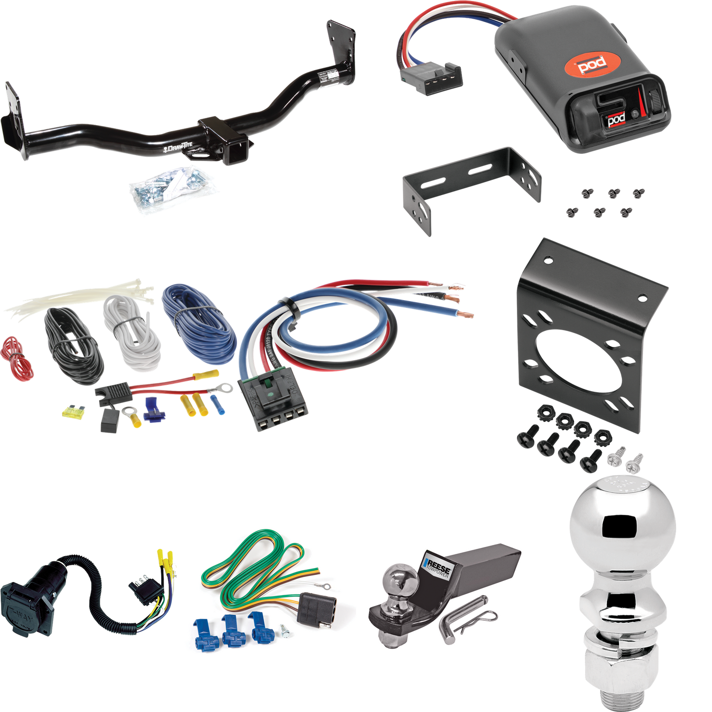 Fits 1995-2005 Chevrolet Blazer Trailer Hitch Tow PKG w/ Pro Series POD Brake Control + Generic BC Wiring Adapter + 7-Way RV Wiring + 2" & 2-5/16" Ball & Drop Mount By Draw-Tite