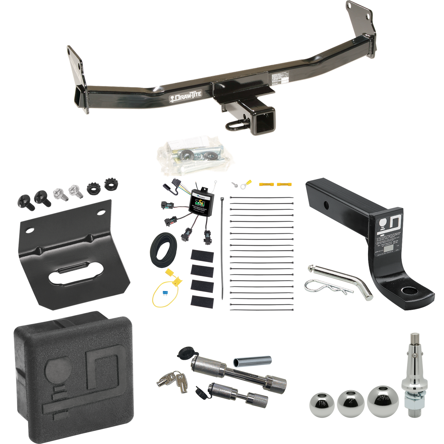 Fits 2007-2010 Jeep Compass Trailer Hitch Tow PKG w/ 4-Flat Zero Contact "No Splice" Wiring + Ball Mount w/ 4" Drop + Interchangeable Ball 1-7/8" & 2" & 2-5/16" + Wiring Bracket + Dual Hitch & Coupler Locks + Hitch Cover By Draw-Tite