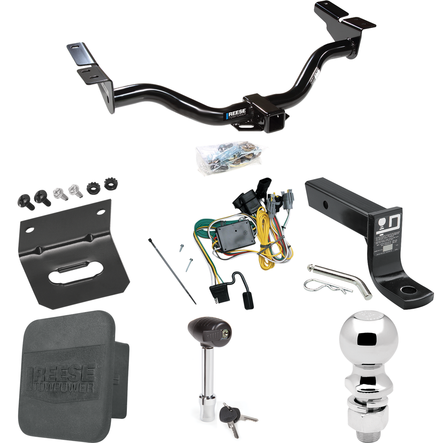 Se adapta al paquete de enganche de remolque Mazda Tribute 2001-2003 con cableado plano de 4 + soporte de bola con caída de 4" + bola de 2-5/16" + soporte de cableado + bloqueo de enganche + cubierta de enganche de Reese Towpower