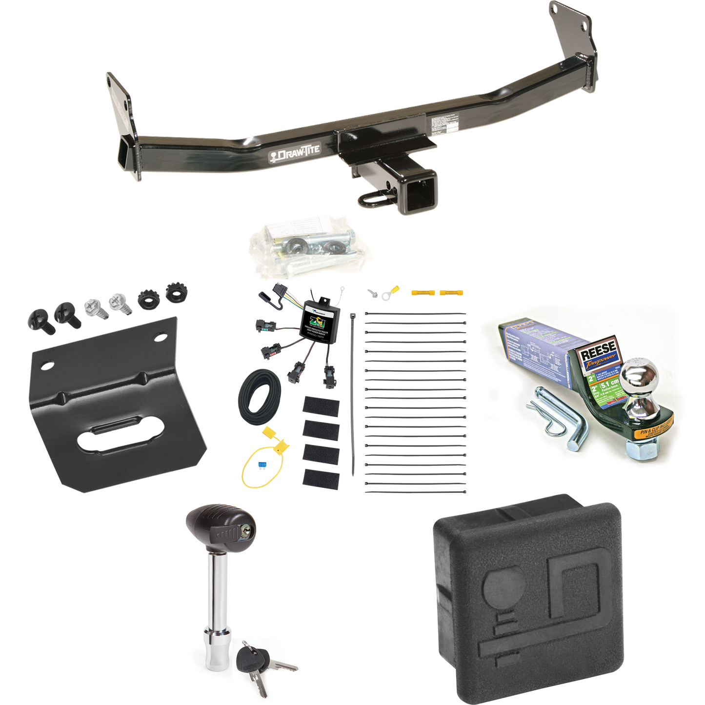 Fits 2007-2010 Jeep Compass Trailer Hitch Tow PKG w/ 4-Flat Zero Contact "No Splice" Wiring + Starter Kit Ball Mount w/ 2" Drop & 1-7/8" Ball + Wiring Bracket + Hitch Lock + Hitch Cover (For Rallye Edition Models) By Draw-Tite