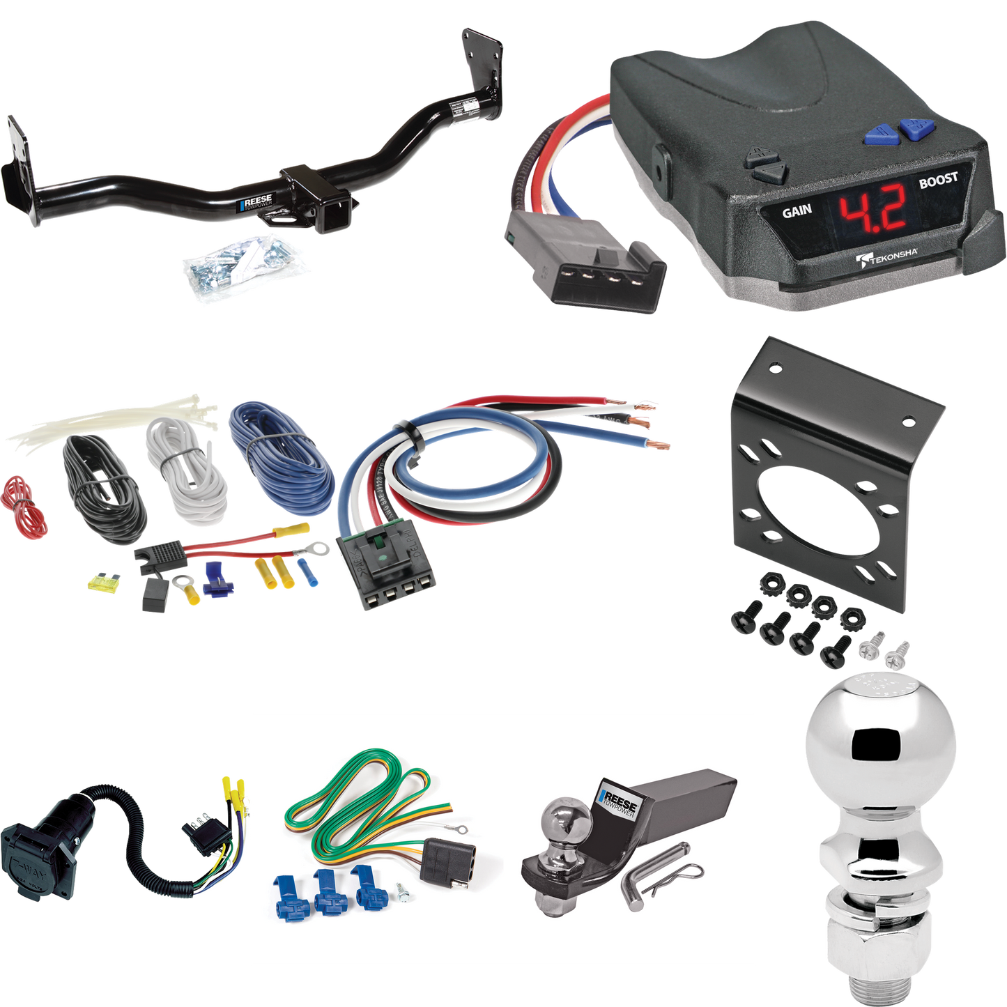 Fits 1995-2005 Chevrolet Blazer Trailer Hitch Tow PKG w/ Tekonsha BRAKE-EVN Brake Control + Generic BC Wiring Adapter + 7-Way RV Wiring + 2" & 2-5/16" Ball & Drop Mount By Reese Towpower