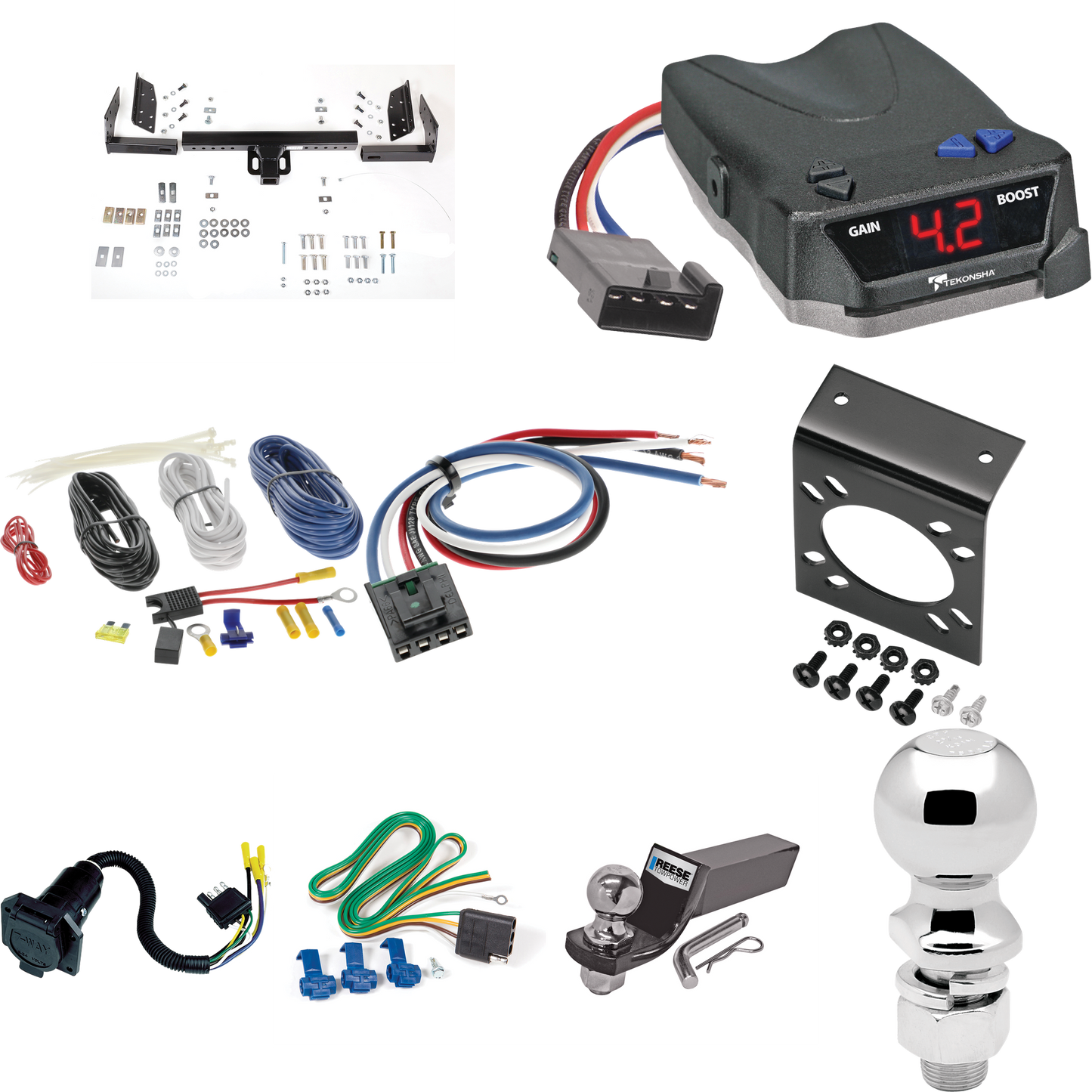 Fits 1990-2005 GMC Safari Trailer Hitch Tow PKG w/ Tekonsha BRAKE-EVN Brake Control + Generic BC Wiring Adapter + 7-Way RV Wiring + 2" & 2-5/16" Ball & Drop Mount (For Extended Body Models) By Reese Towpower