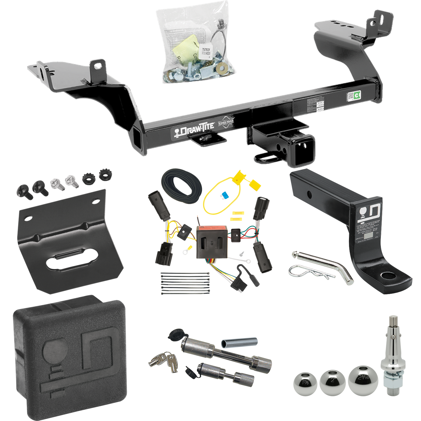 Fits 2013-2016 Ford Escape Trailer Hitch Tow PKG w/ 4-Flat Wiring + Ball Mount w/ 4" Drop + Interchangeable Ball 1-7/8" & 2" & 2-5/16" + Wiring Bracket + Dual Hitch & Coupler Locks + Hitch Cover By Draw-Tite