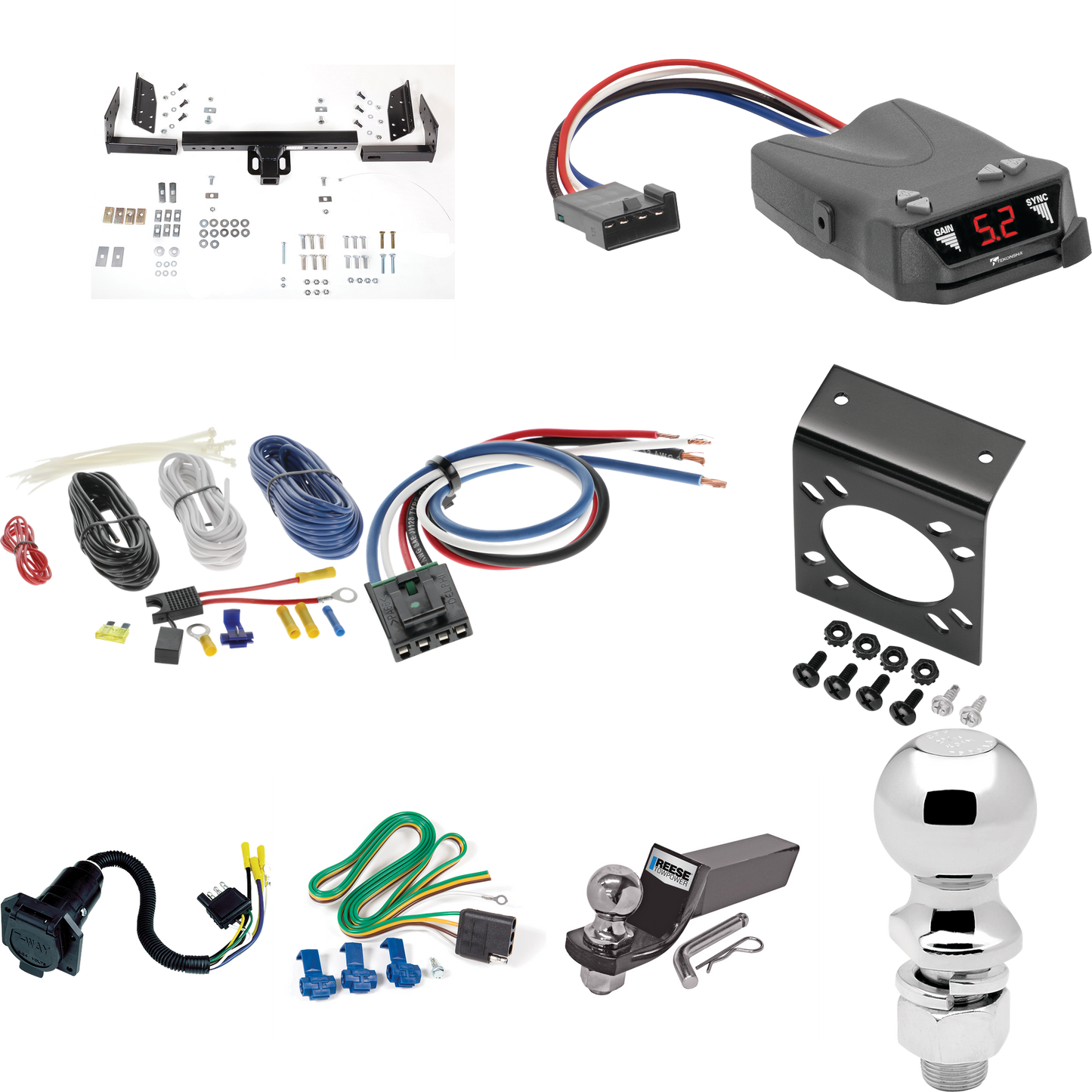 Fits 1990-2005 GMC Safari Trailer Hitch Tow PKG w/ Tekonsha Brakeman IV Brake Control + Generic BC Wiring Adapter + 7-Way RV Wiring + 2" & 2-5/16" Ball & Drop Mount (For Extended Body Models) By Reese Towpower