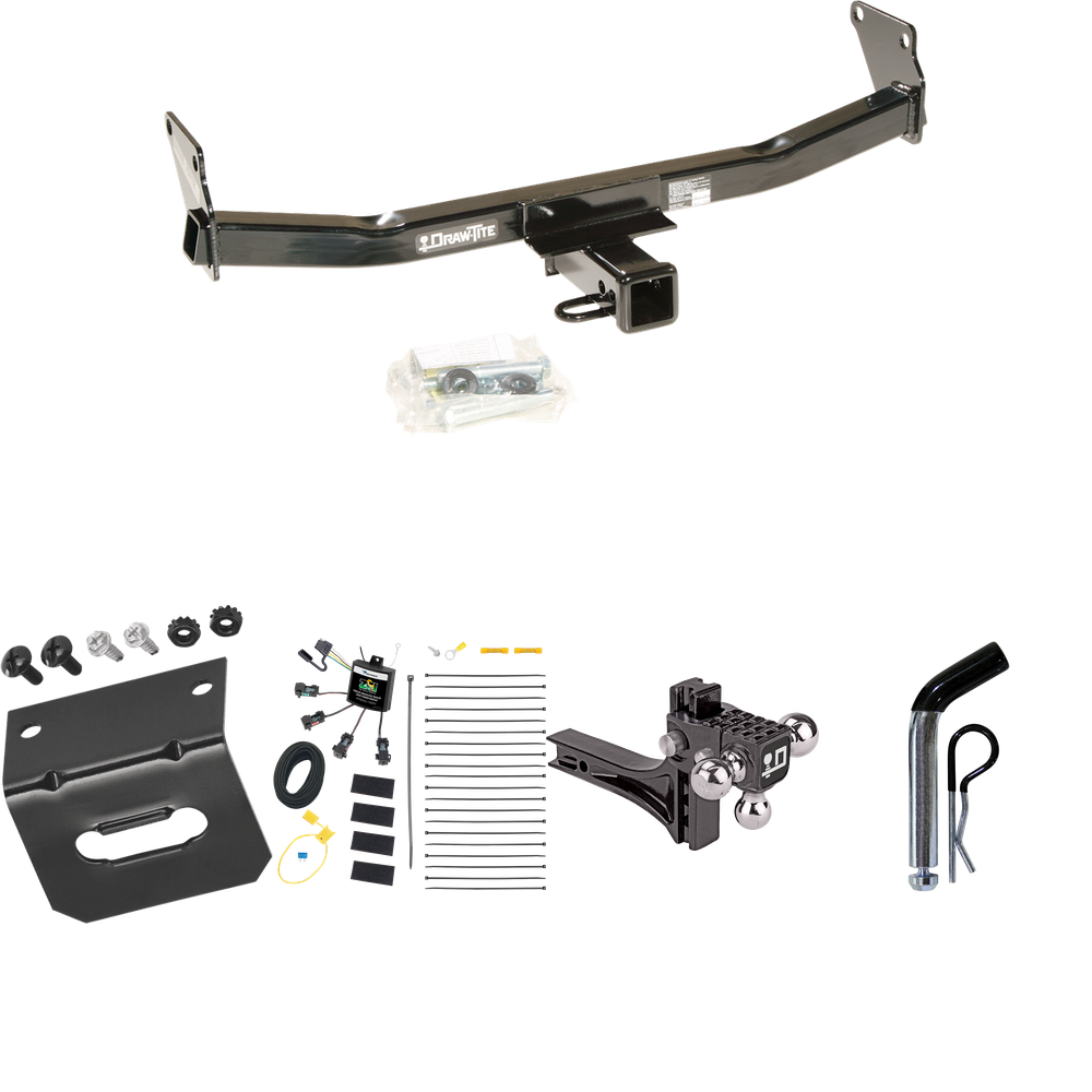 Fits 2007-2010 Jeep Compass Trailer Hitch Tow PKG w/ 4-Flat Zero Contact "No Splice" Wiring Harness + Adjustable Drop Rise Triple Ball Ball Mount 1-7/8" & 2" & 2-5/16" Trailer Balls + Pin/Clip + Wiring Bracket By Draw-Tite