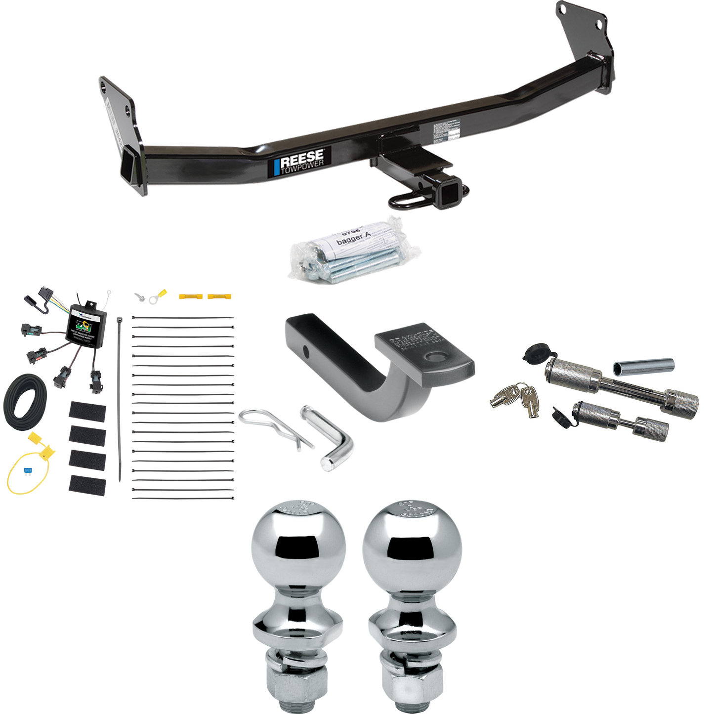 Se adapta al paquete de enganche de remolque Jeep Compass 2007-2010 con arnés de cableado de 4 contactos planos "sin empalme" + barra de tracción + bola de 1-7/8" + 2" + enganche doble y cerraduras de acoplador de Reese Towpower