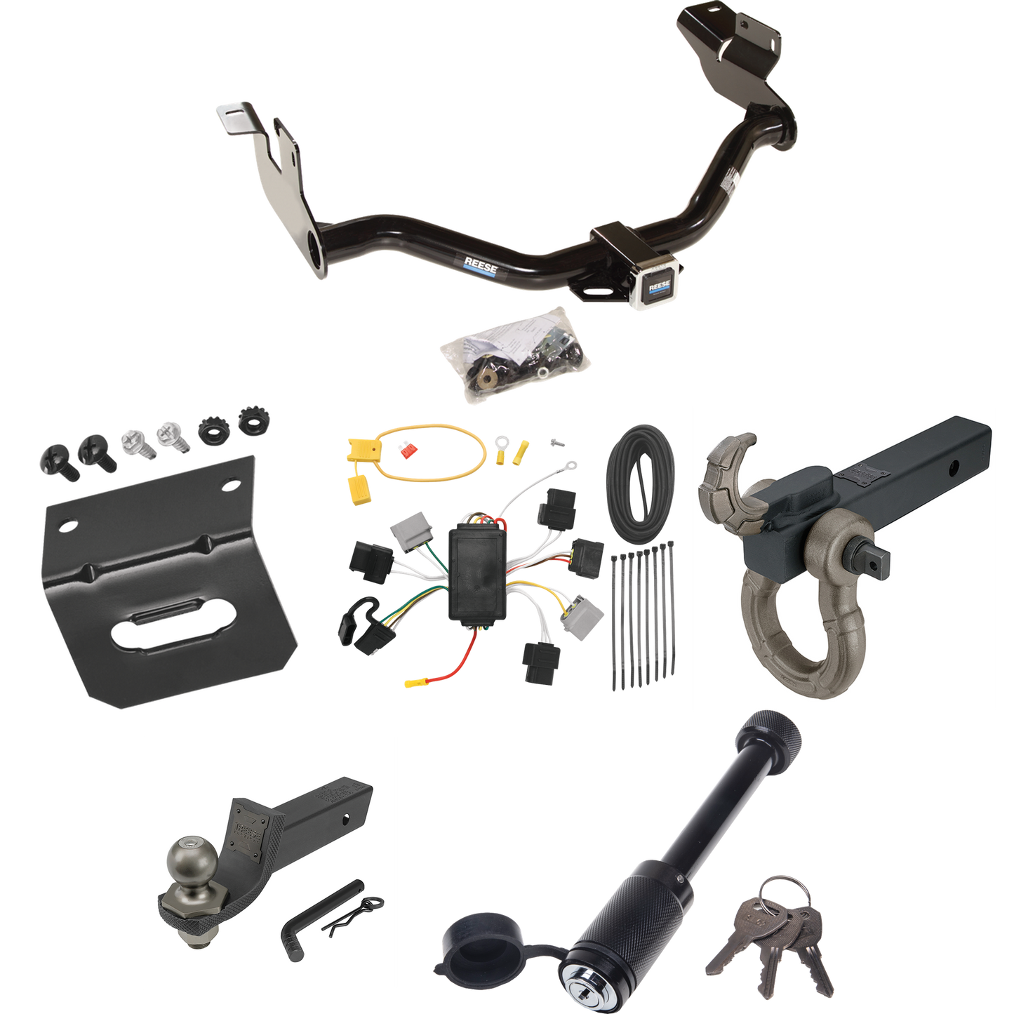 Fits 2005-2006 Mazda Tribute Trailer Hitch Tow PKG w/ 4-Flat Wiring + Interlock Tactical Starter Kit w/ 2" Drop & 2" Ball + Tactical Hook & Shackle Mount + Tactical Dogbone Lock + Wiring Bracket By Reese Towpower