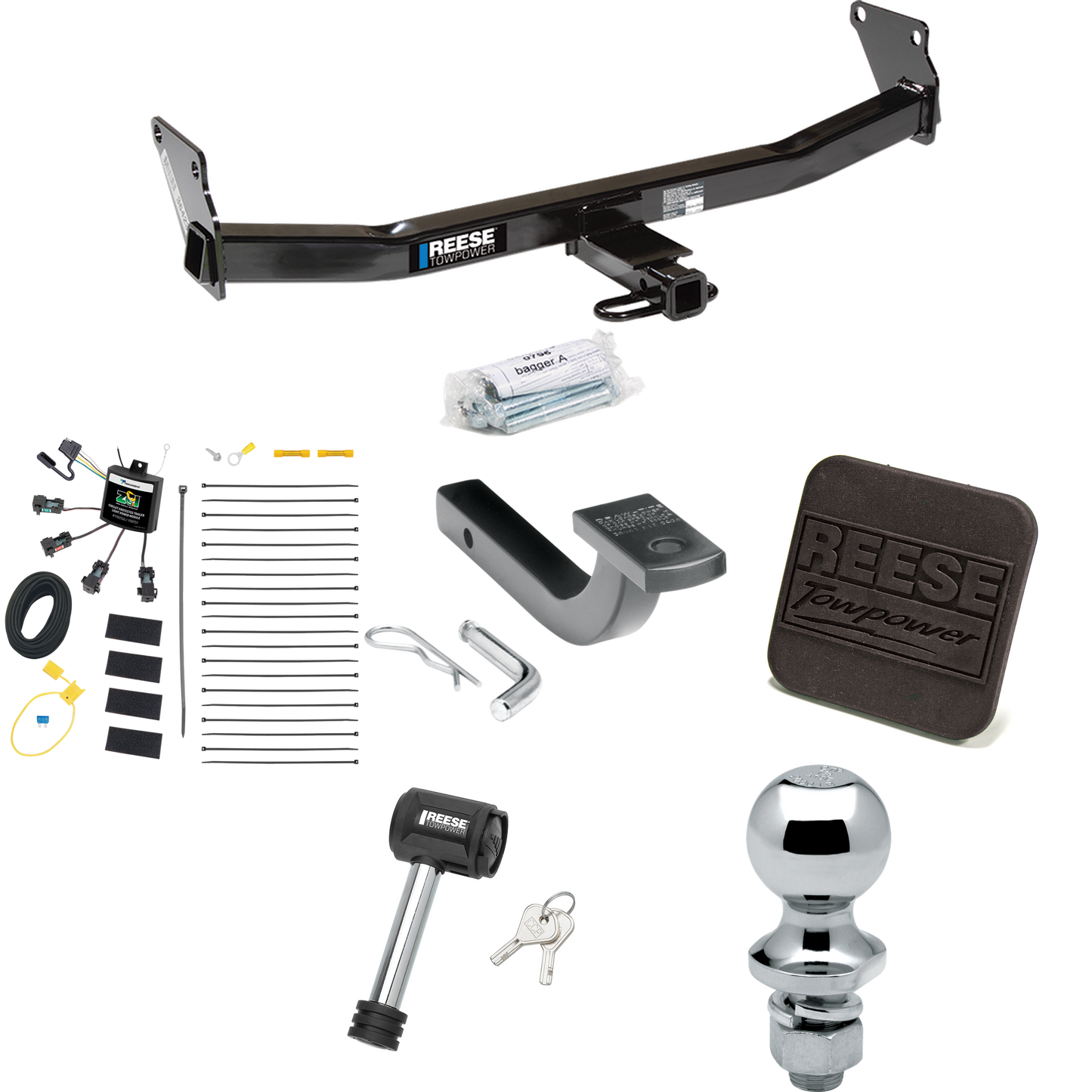 Fits 2007-2007 Jeep Patriot Trailer Hitch Tow PKG w/ 4-Flat Zero Contact "No Splice" Wiring Harness + Draw-Bar + 1-7/8" Ball + Hitch Cover + Hitch Lock By Reese Towpower