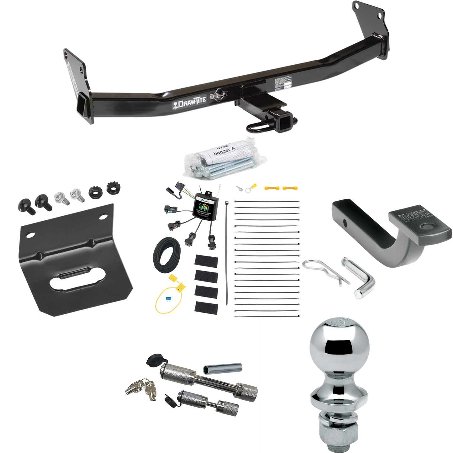 Se adapta al paquete de enganche de remolque Jeep Patriot 2007-2007 con arnés de cableado de 4 contactos planos "sin empalme" + barra de tracción + bola de 1-7/8" + soporte de cableado + enganche doble y cerraduras de acoplador de Draw-Tite