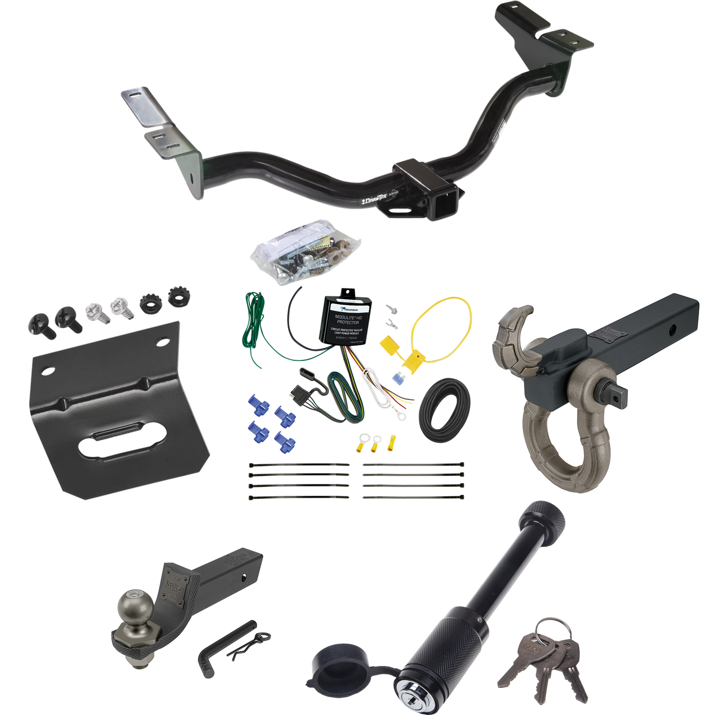 Fits 2004-2004 Mazda Tribute Trailer Hitch Tow PKG w/ 4-Flat Wiring + Interlock Tactical Starter Kit w/ 2" Drop & 2" Ball + Tactical Hook & Shackle Mount + Tactical Dogbone Lock + Wiring Bracket By Draw-Tite