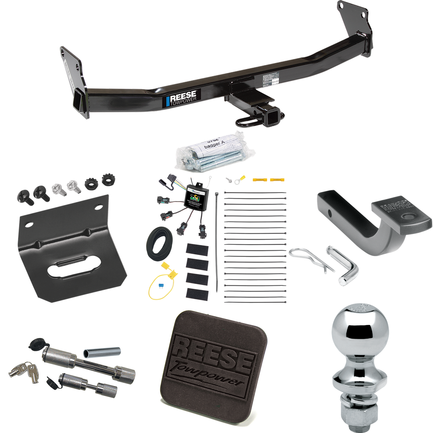 Fits 2007-2007 Jeep Patriot Trailer Hitch Tow PKG w/ 4-Flat Zero Contact "No Splice" Wiring Harness + Draw-Bar + 1-7/8" Ball + Wiring Bracket + Hitch Cover + Dual Hitch & Coupler Locks By Reese Towpower