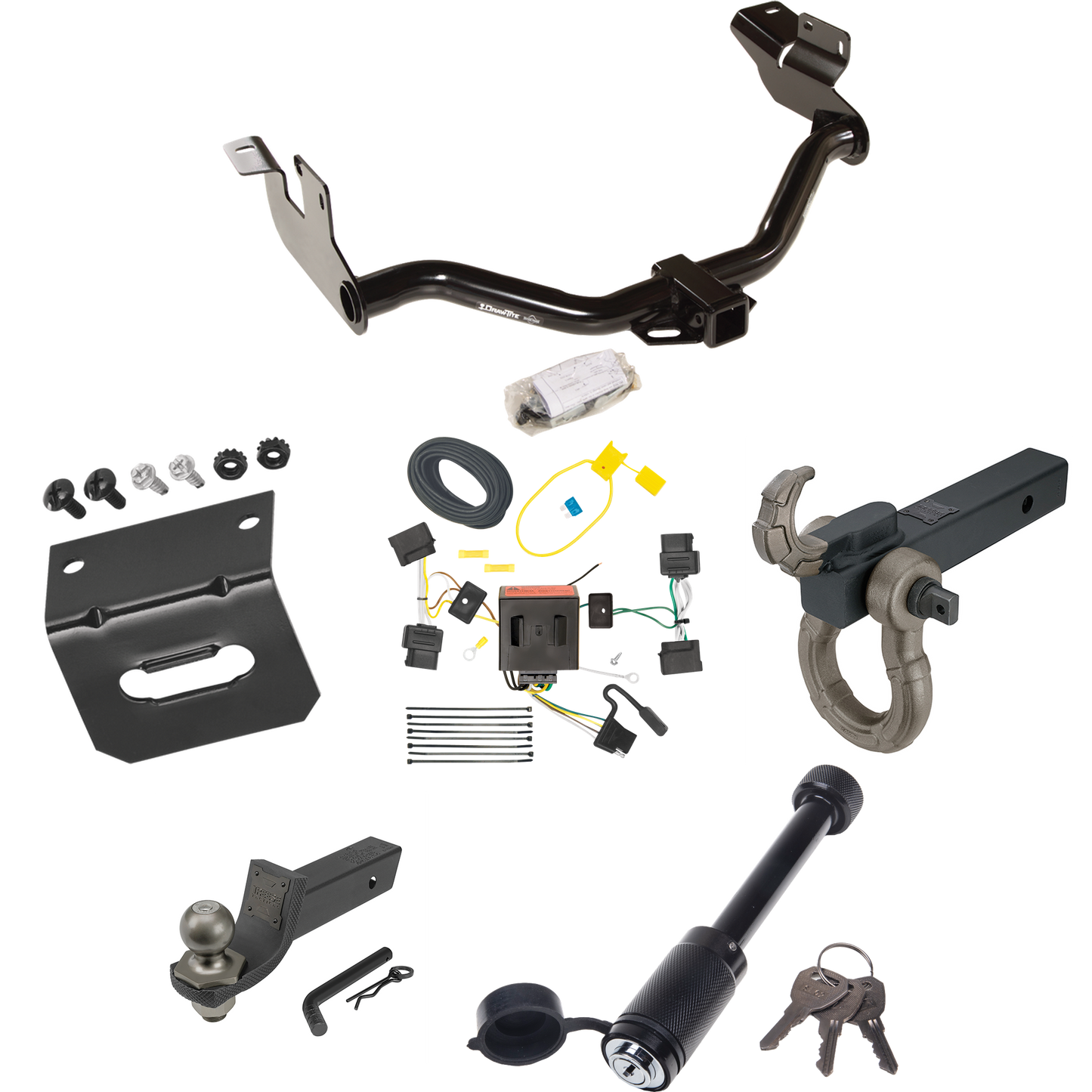 Fits 2005-2011 Mercury Mariner Trailer Hitch Tow PKG w/ 4-Flat Wiring + Interlock Tactical Starter Kit w/ 2" Drop & 2" Ball + Tactical Hook & Shackle Mount + Tactical Dogbone Lock + Wiring Bracket By Draw-Tite