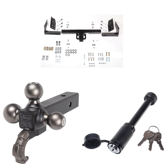 Fits 1984-1990 Dodge Caravan Trailer Hitch Tow PKG + Triple Ball Tactical Ball Mount 1-7/8" & 2" & 2-5/16" Balls w/ Tow Hook + Tactical Dogbone Lock (For 2 WD, Short Wheelbase Models) By Reese Towpower