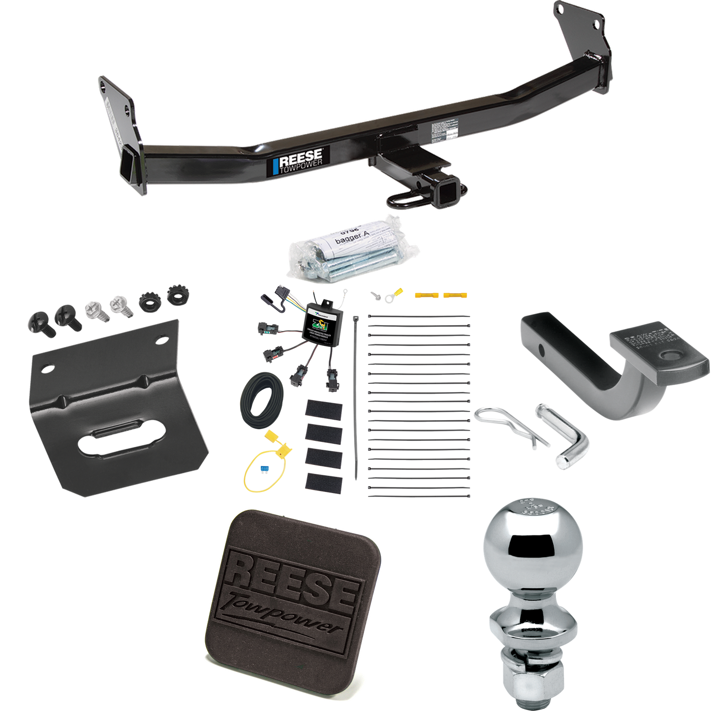 Se adapta al paquete de enganche de remolque Jeep Compass 2007-2010 con arnés de cableado de 4 contactos planos "sin empalme" + barra de tracción + bola de 2" + soporte de cableado + cubierta de enganche de Reese Towpower