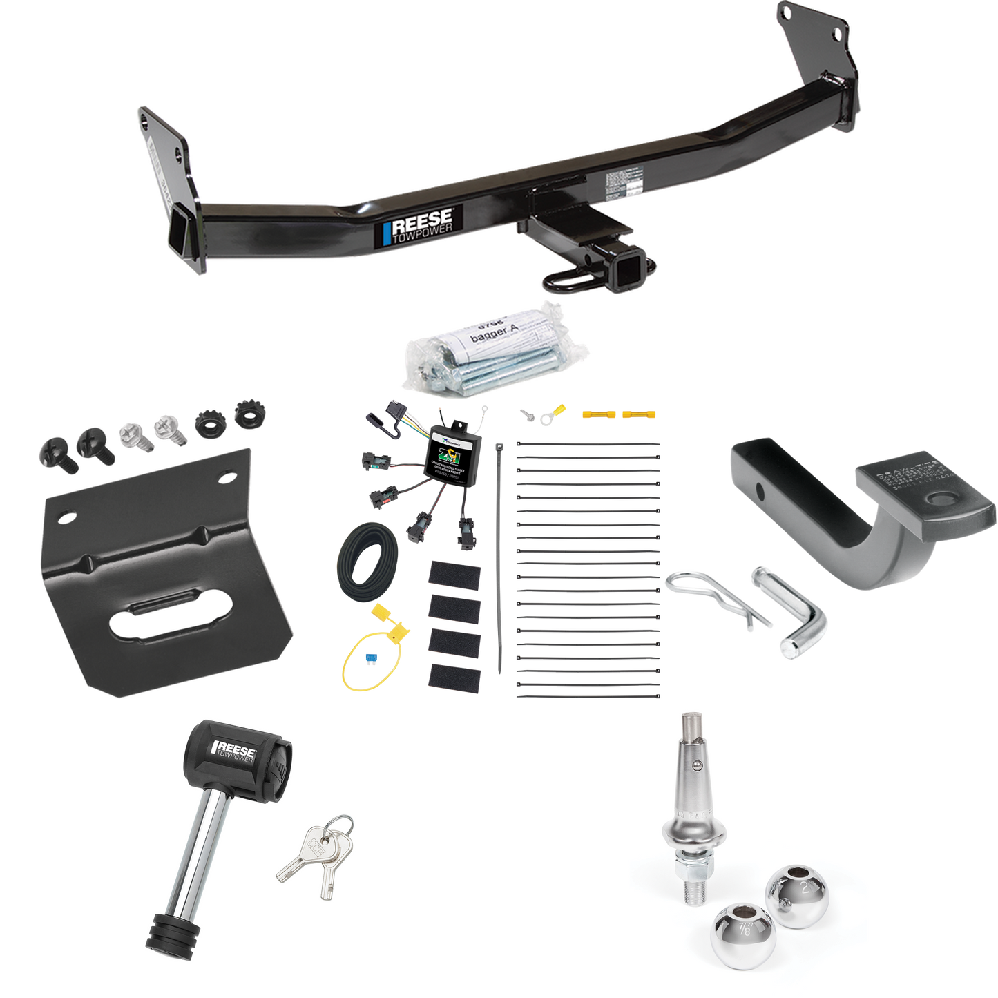 Fits 2007-2007 Jeep Patriot Trailer Hitch Tow PKG w/ 4-Flat Zero Contact "No Splice" Wiring Harness + Draw-Bar + Interchangeable 1-7/8" & 2" Balls + Wiring Bracket + Hitch Lock By Reese Towpower