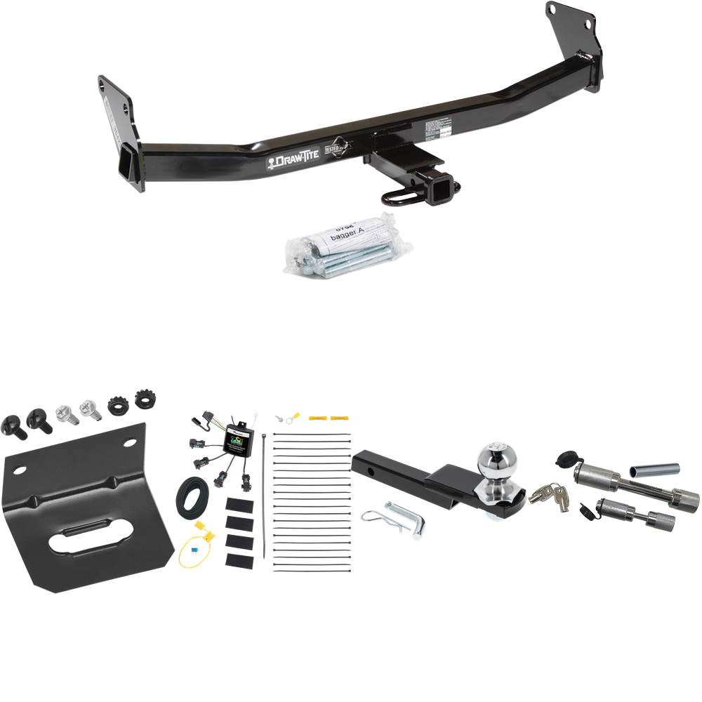 Fits 2007-2010 Jeep Compass Trailer Hitch Tow PKG w/ 4-Flat Zero Contact "No Splice" Wiring Harness + Interlock Starter Kit w/ 2" Ball 1-1/4" Drop 3/4" Rise + Wiring Bracket + Dual Hitch & Coupler Locks (For Rallye Edition Models) By Draw-Tite