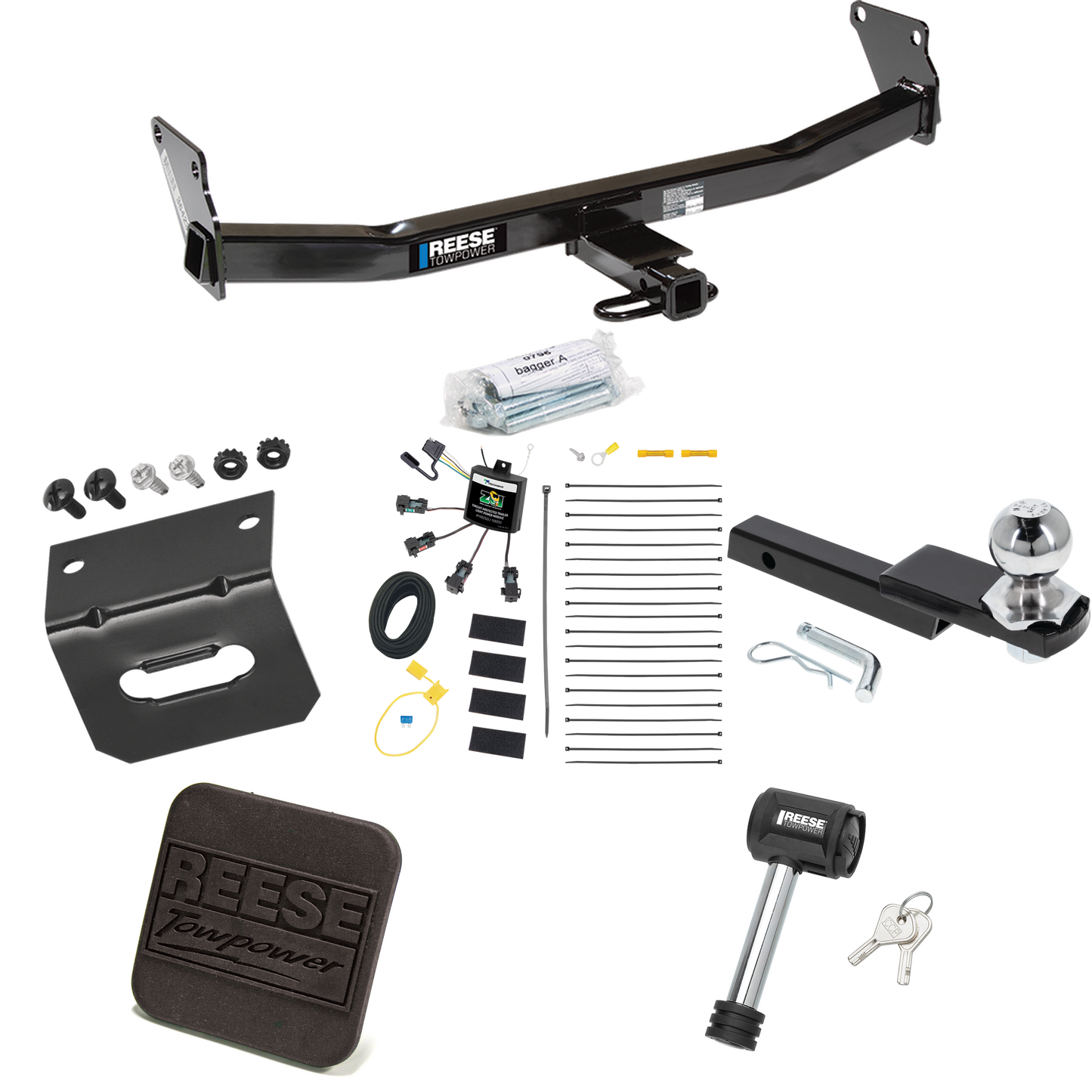 Fits 2007-2007 Jeep Patriot Trailer Hitch Tow PKG w/ 4-Flat Zero Contact "No Splice" Wiring Harness + Interlock Starter Kit w/ 2" Ball 1-1/4" Drop 3/4" Rise + Wiring Bracket + Hitch Cover + Hitch Lock By Reese Towpower