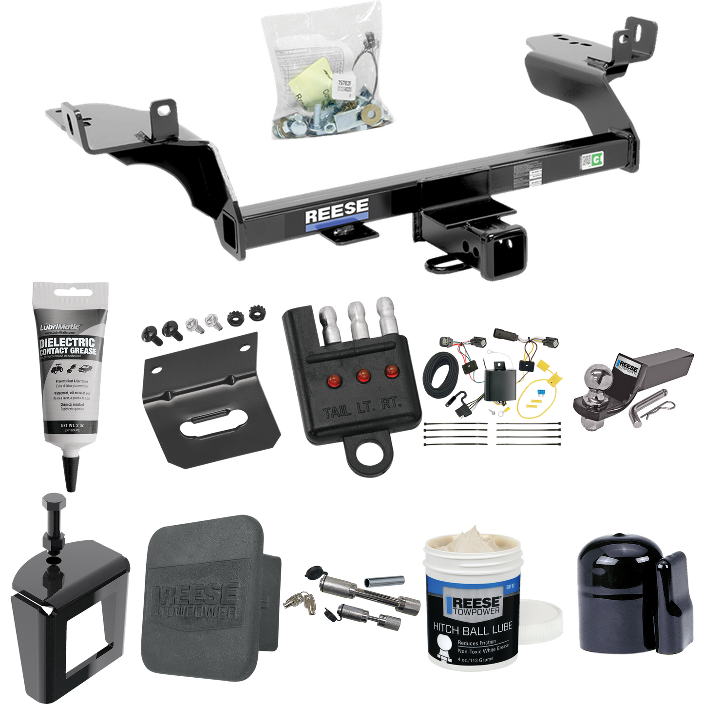 Fits 2017-2018 Ford Escape Trailer Hitch Tow PKG w/ 4-Flat Wiring + Starter Kit Ball Mount w/ 2" Drop & 2" Ball + 1-7/8" Ball + Wiring Bracket + Dual Hitch & Coupler Locks + Hitch Cover + Wiring Tester + Ball Lube + Electric Grease + Ball Wrench + An