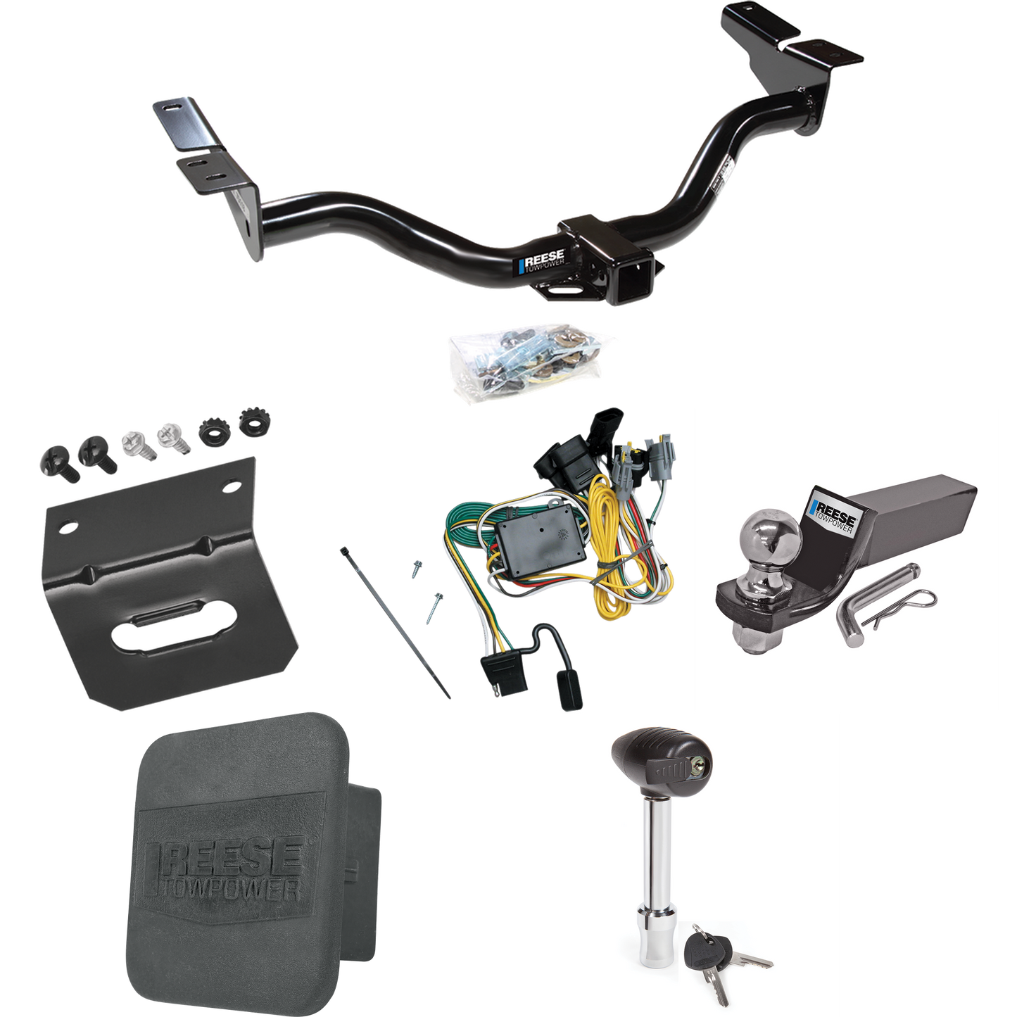 Fits 2001-2003 Mazda Tribute Trailer Hitch Tow PKG w/ 4-Flat Wiring + Starter Kit Ball Mount w/ 2" Drop & 2" Ball + 1-7/8" Ball + Wiring Bracket + Hitch Lock + Hitch Cover By Reese Towpower