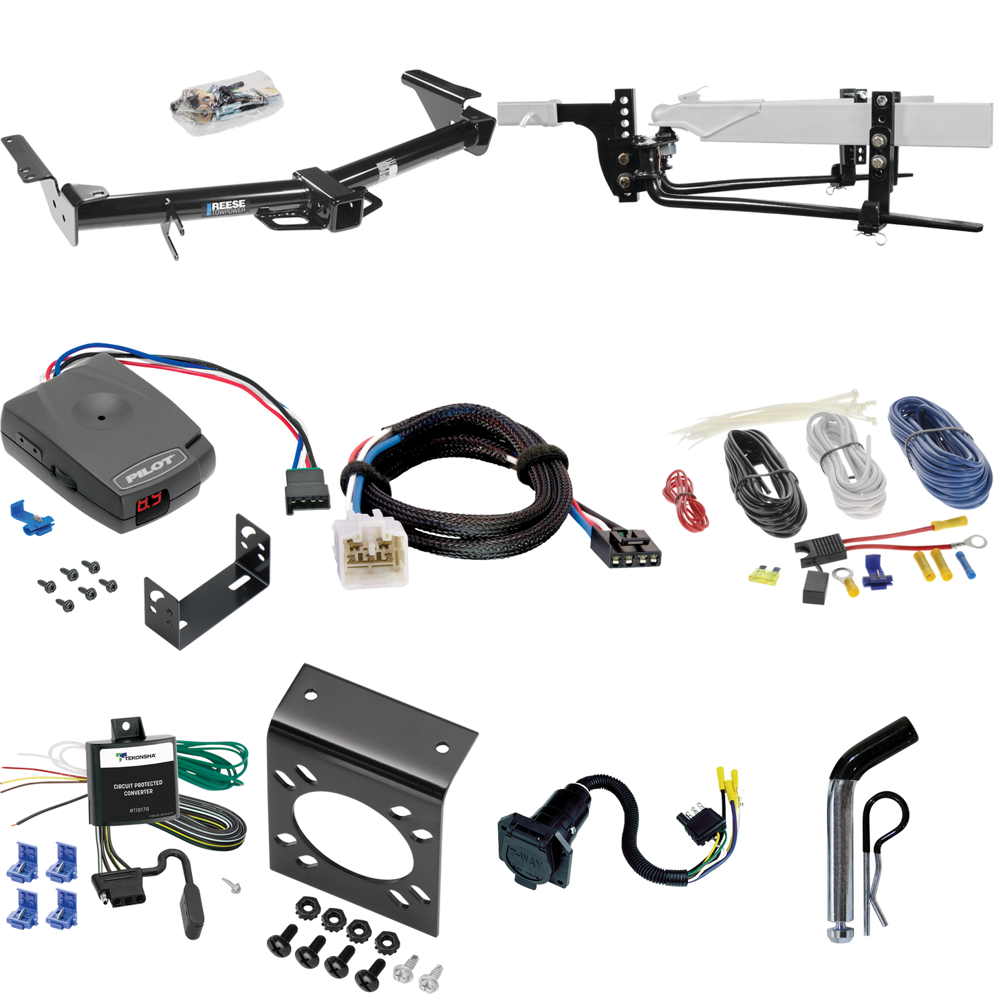 Fits 2003-2006 Toyota 4Runner Trailer Hitch Tow PKG w/ 8K Round Bar Weight Distribution Hitch w/ 2-5/16" Ball + Pin/Clip + Pro Series Pilot Brake Control + Plug & Play BC Adapter + 7-Way RV Wiring By Reese Towpower