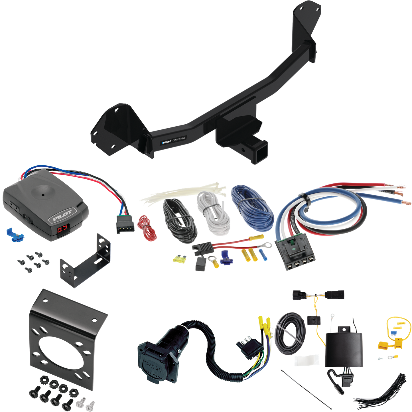 Fits 2022-2023 Chevrolet Bolt EUV Trailer Hitch Tow PKG w/ Pro Series Pilot Brake Control + Generic BC Wiring Adapter + 7-Way RV Wiring By Reese Towpower