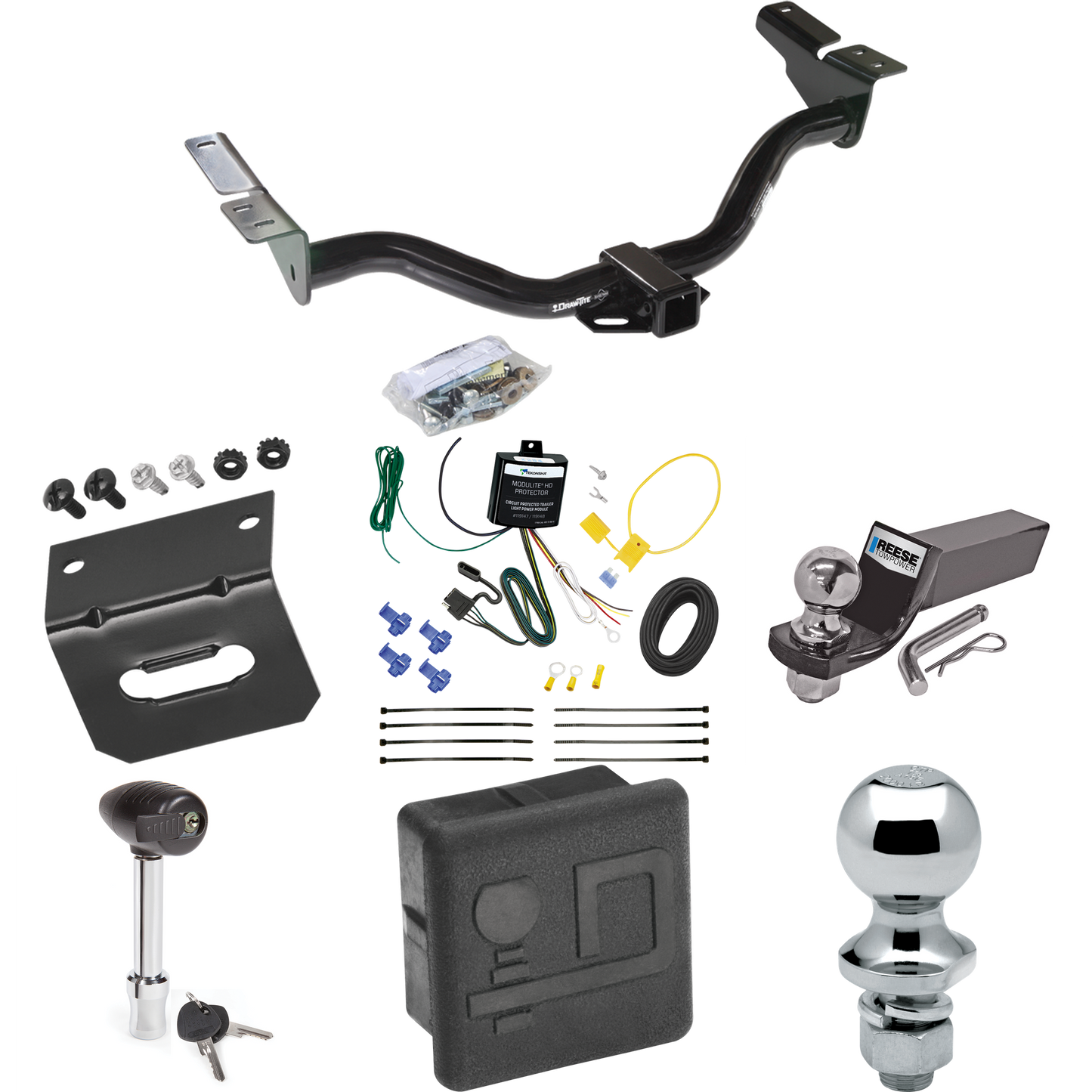 Fits 2004-2004 Ford Escape Trailer Hitch Tow PKG w/ 4-Flat Wiring + Starter Kit Ball Mount w/ 2" Drop & 2" Ball + 1-7/8" Ball + Wiring Bracket + Hitch Lock + Hitch Cover By Draw-Tite