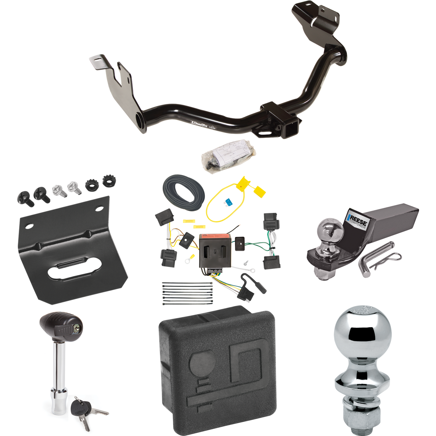 Fits 2008-2012 Ford Escape Trailer Hitch Tow PKG w/ 4-Flat Wiring + Starter Kit Ball Mount w/ 2" Drop & 2" Ball + 1-7/8" Ball + Wiring Bracket + Hitch Lock + Hitch Cover By Draw-Tite