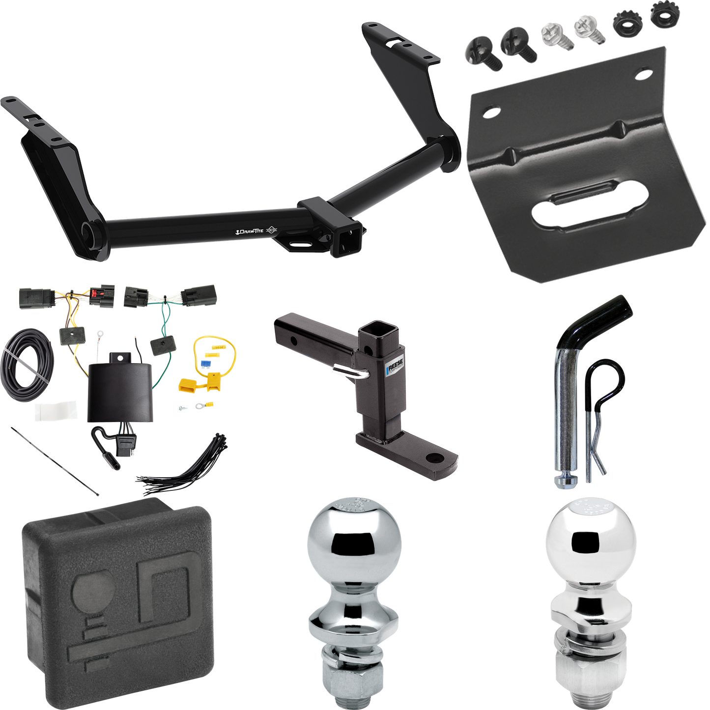 Fits 2020-2023 Jeep Gladiator Trailer Hitch Tow PKG w/ 4-Flat Wiring + Adjustable Drop Rise Ball Mount + Pin/Clip + 2" Ball + 1-7/8" Ball + Wiring Bracket + Hitch Cover (Excludes: Rubicon Models) By Draw-Tite