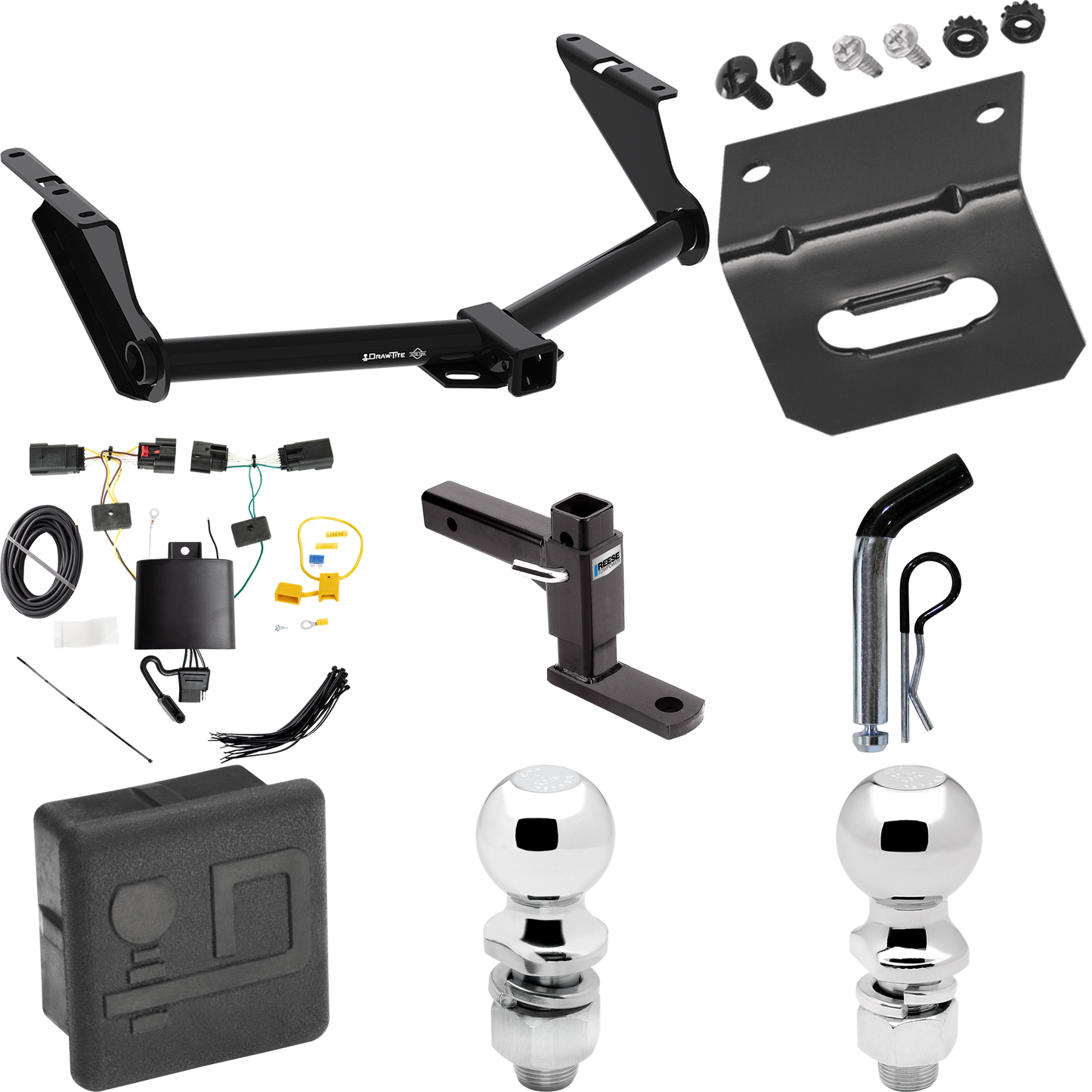 Fits 2020-2023 Jeep Gladiator Trailer Hitch Tow PKG w/ 4-Flat Wiring + Adjustable Drop Rise Ball Mount + Pin/Clip + 2" Ball + 2-5/16" Ball + Wiring Bracket + Hitch Cover (Excludes: Rubicon Models) By Draw-Tite