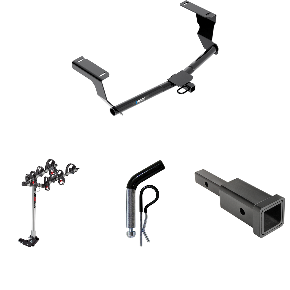 Fits 2008-2022 Subaru Impreza Trailer Hitch Tow PKG w/ Hitch Adapter 1-1/4" to 2" Receiver + 1/2" Pin & Clip + 4 Bike Carrier Rack (For Wagon, Except WRX STi & w/Quad Exhaust Outlets Models) By Reese Towpower