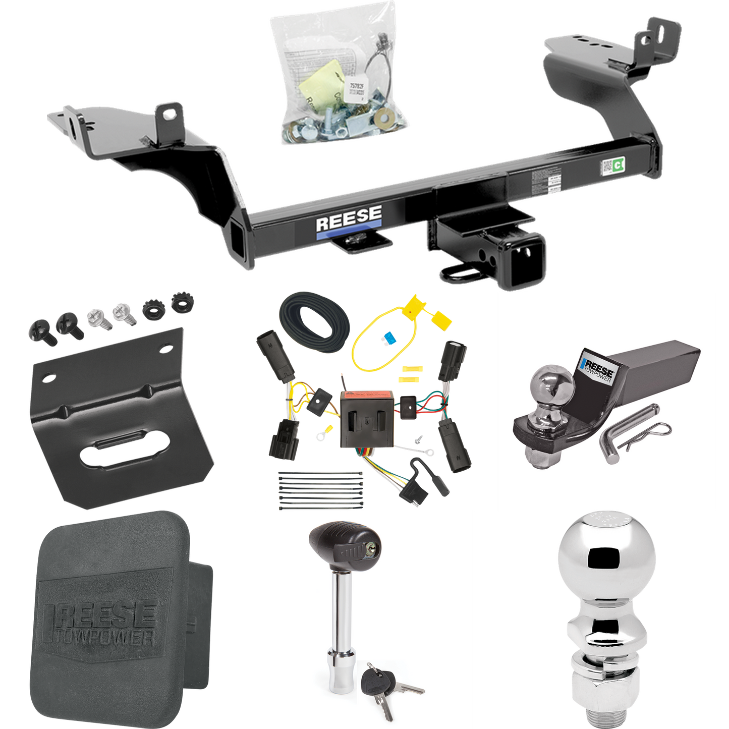 Fits 2013-2016 Ford Escape Trailer Hitch Tow PKG w/ 4-Flat Wiring + Starter Kit Ball Mount w/ 2" Drop & 2" Ball + 2-5/16" Ball + Wiring Bracket + Hitch Lock + Hitch Cover By Reese Towpower