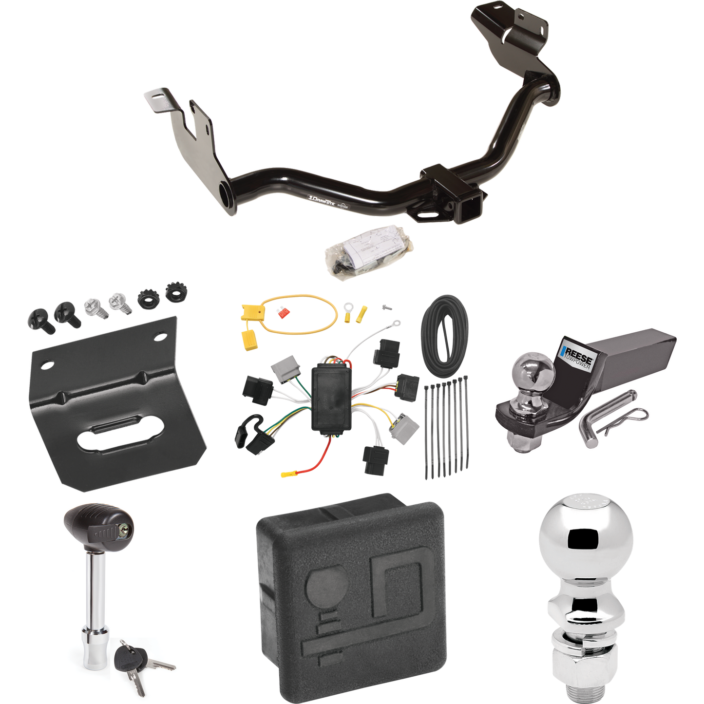 Fits 2005-2007 Ford Escape Trailer Hitch Tow PKG w/ 4-Flat Wiring + Starter Kit Ball Mount w/ 2" Drop & 2" Ball + 2-5/16" Ball + Wiring Bracket + Hitch Lock + Hitch Cover By Draw-Tite