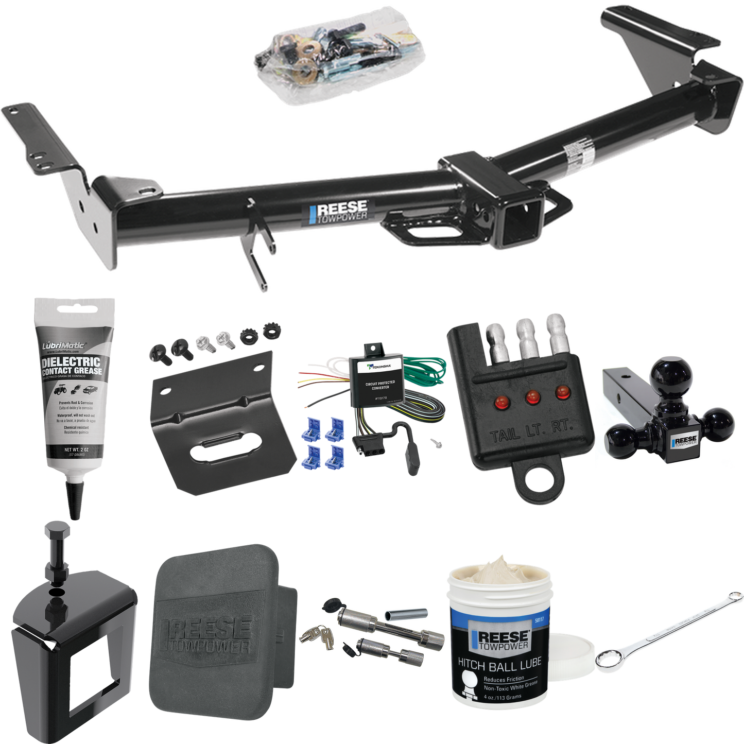 Fits 2003-2006 Toyota 4Runner Trailer Hitch Tow PKG w/ 4-Flat Wiring + Triple Ball Ball Mount 1-7/8" & 2" & 2-5/16" Trailer Balls + Wiring Bracket + Hitch Cover + Dual Hitch & Coupler Locks + Wiring Tester + Ball Lube + Electric Grease + Ball Wrench