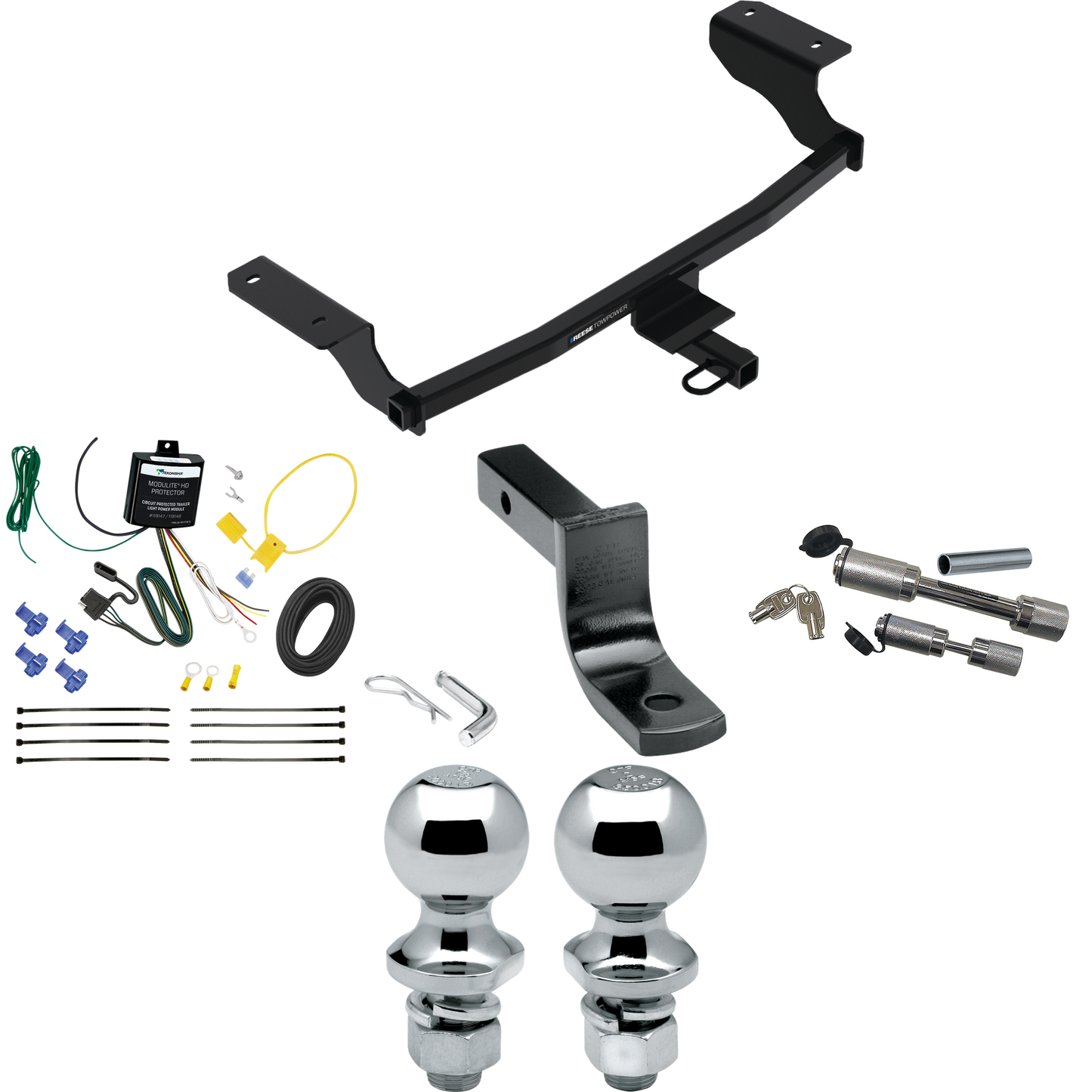 Fits 2022-2023 Chevrolet Bolt EV Trailer Hitch Tow PKG w/ 4-Flat Wiring Harness + Draw-Bar + 1-7/8" + 2" Ball + Dual Hitch & Coupler Locks By Reese Towpower