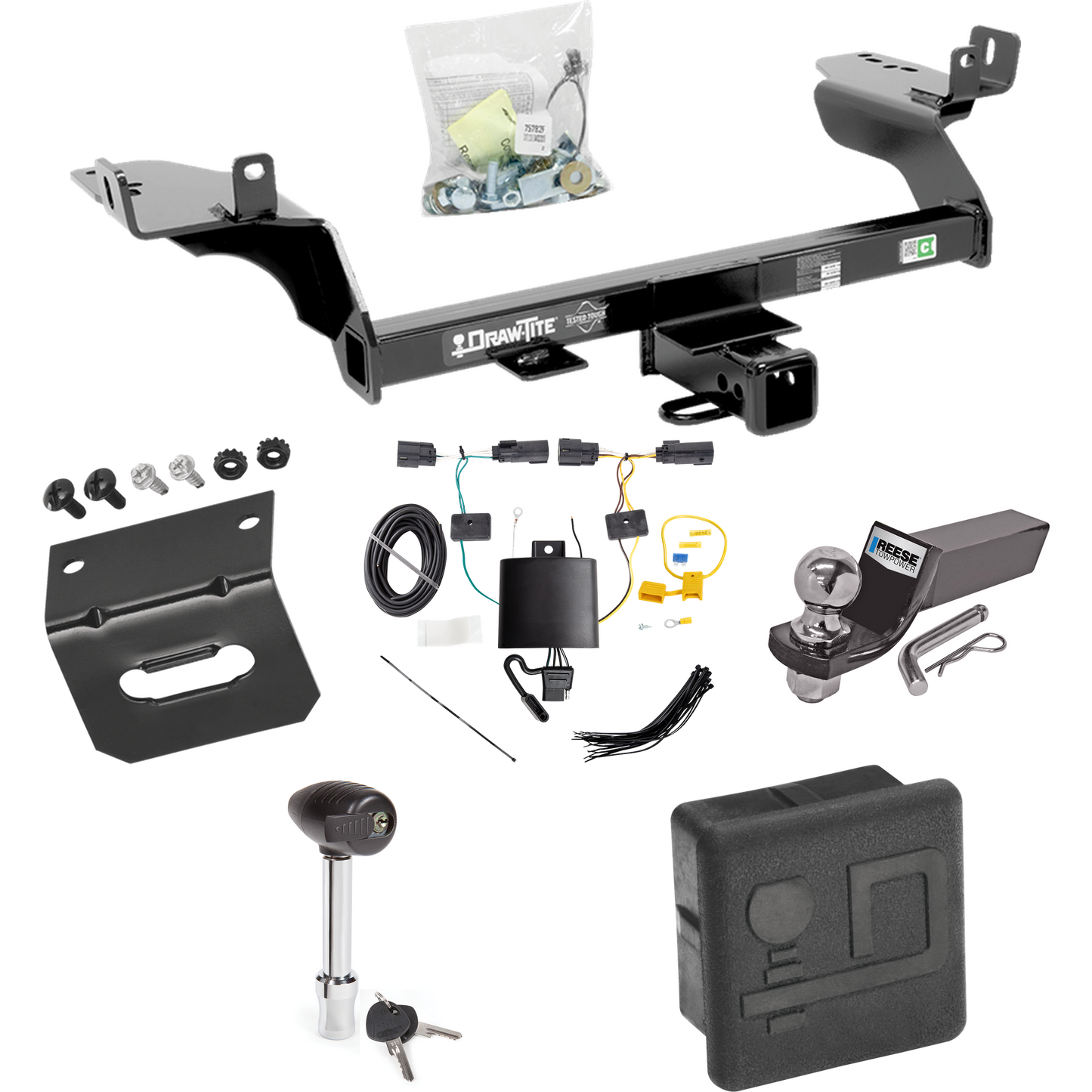 Fits 2019-2019 Ford Escape Trailer Hitch Tow PKG w/ 4-Flat Wiring + Starter Kit Ball Mount w/ 2" Drop & 2" Ball + Wiring Bracket + Hitch Lock + Hitch Cover By Draw-Tite