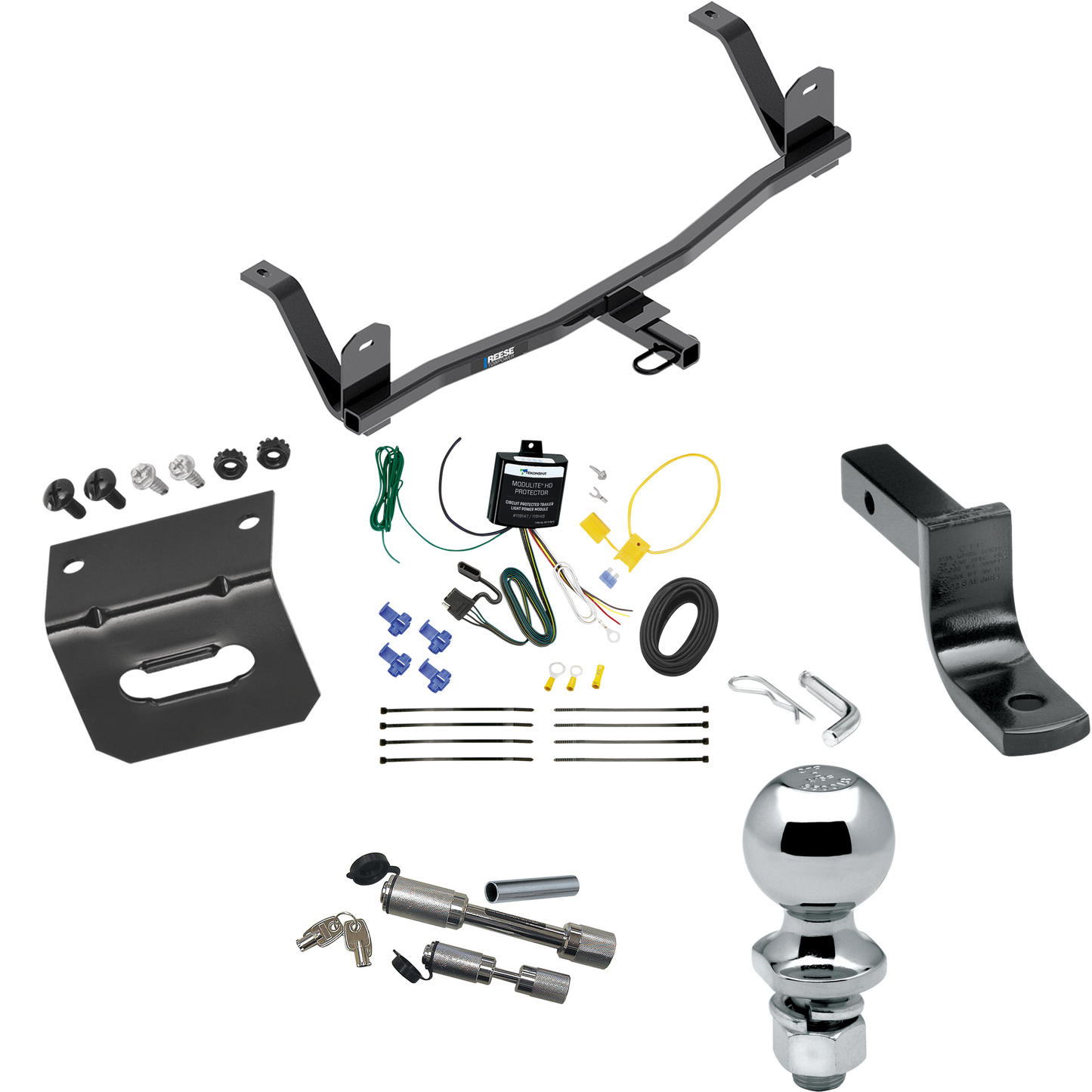 Fits 2017-2021 Chevrolet Bolt EV Trailer Hitch Tow PKG w/ 4-Flat Wiring Harness + Draw-Bar + 2" Ball + Wiring Bracket + Dual Hitch & Coupler Locks By Reese Towpower