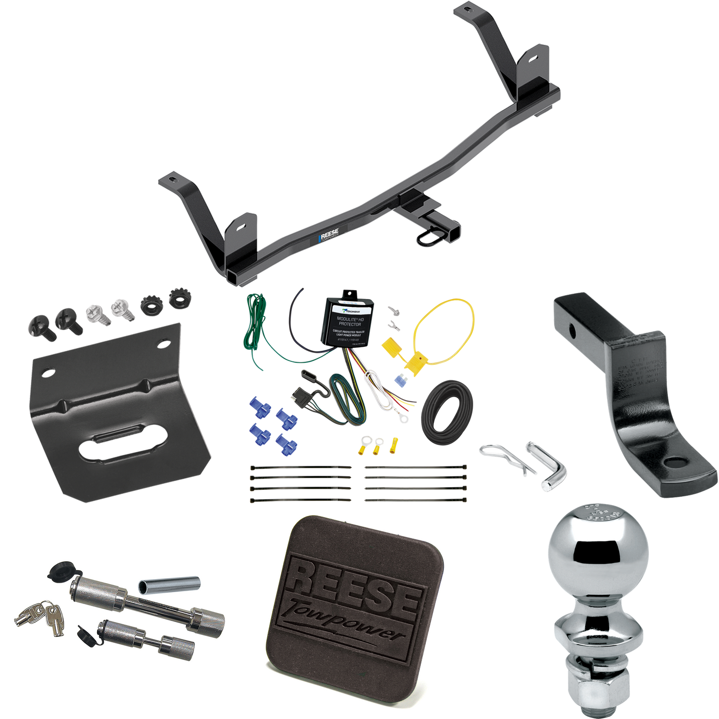 Fits 2017-2021 Chevrolet Bolt EV Trailer Hitch Tow PKG w/ 4-Flat Wiring Harness + Draw-Bar + 2" Ball + Wiring Bracket + Hitch Cover + Dual Hitch & Coupler Locks By Reese Towpower