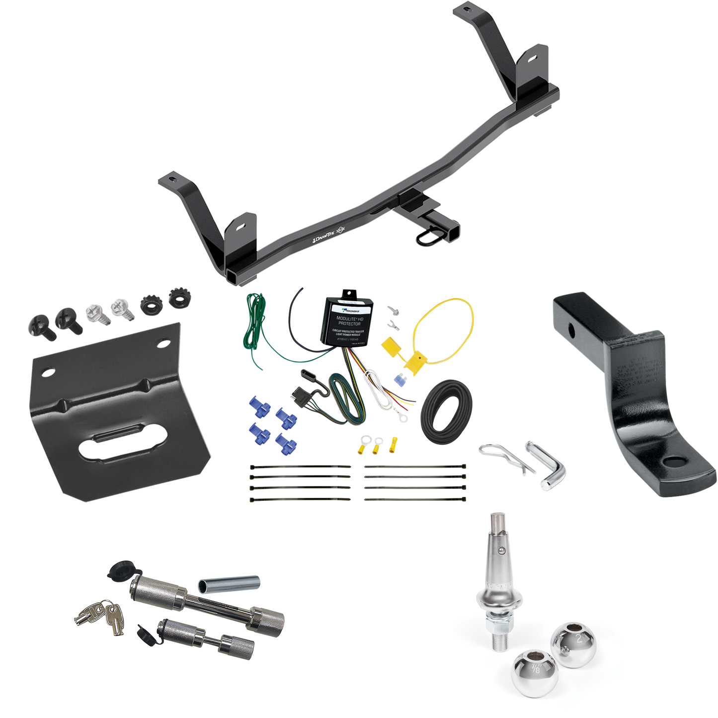 Fits 2017-2021 Chevrolet Bolt EV Trailer Hitch Tow PKG w/ 4-Flat Wiring Harness + Draw-Bar + Interchangeable 1-7/8" & 2" Balls + Wiring Bracket + Dual Hitch & Coupler Locks By Draw-Tite