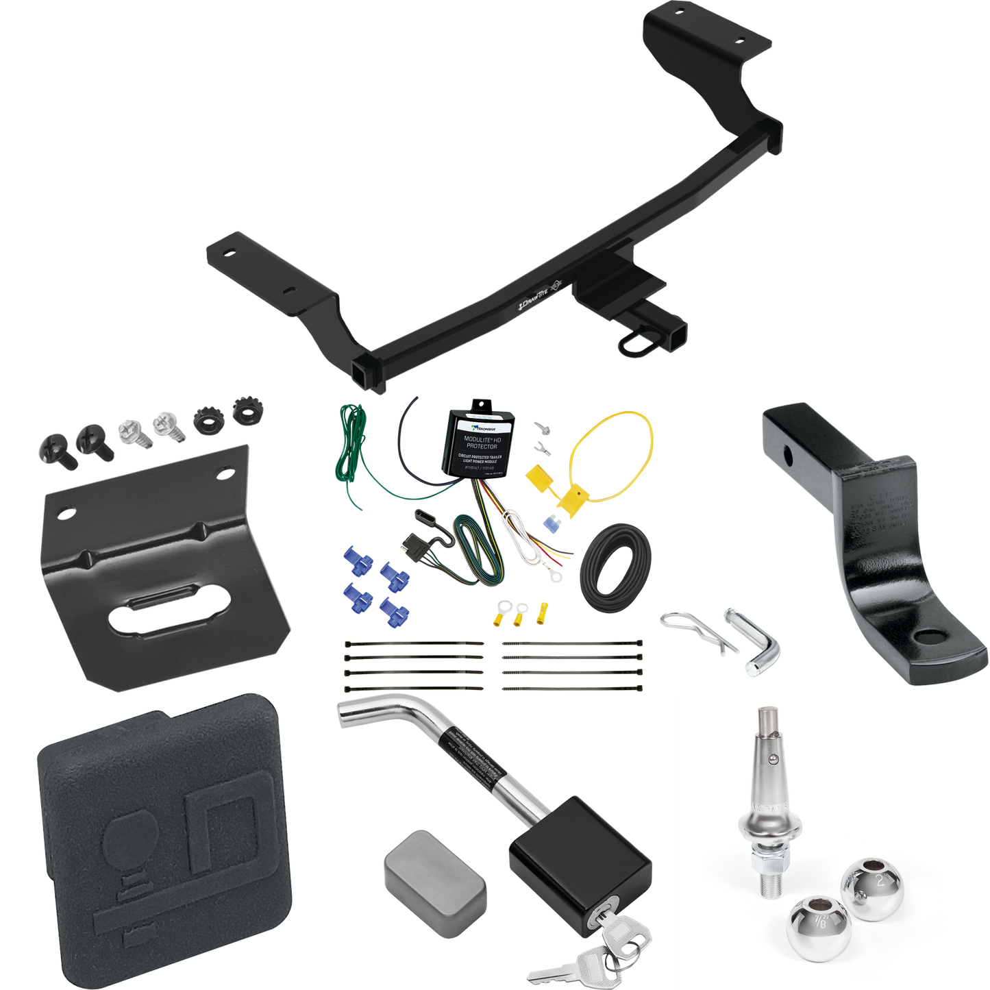 Se adapta al paquete de enganche de remolque Chevrolet Bolt EV 2022-2023 con arnés de cableado de 4 planos + barra de tracción + bolas intercambiables de 1-7/8" y 2" + soporte de cableado + cubierta de enganche + bloqueo de enganche de Draw-Tite