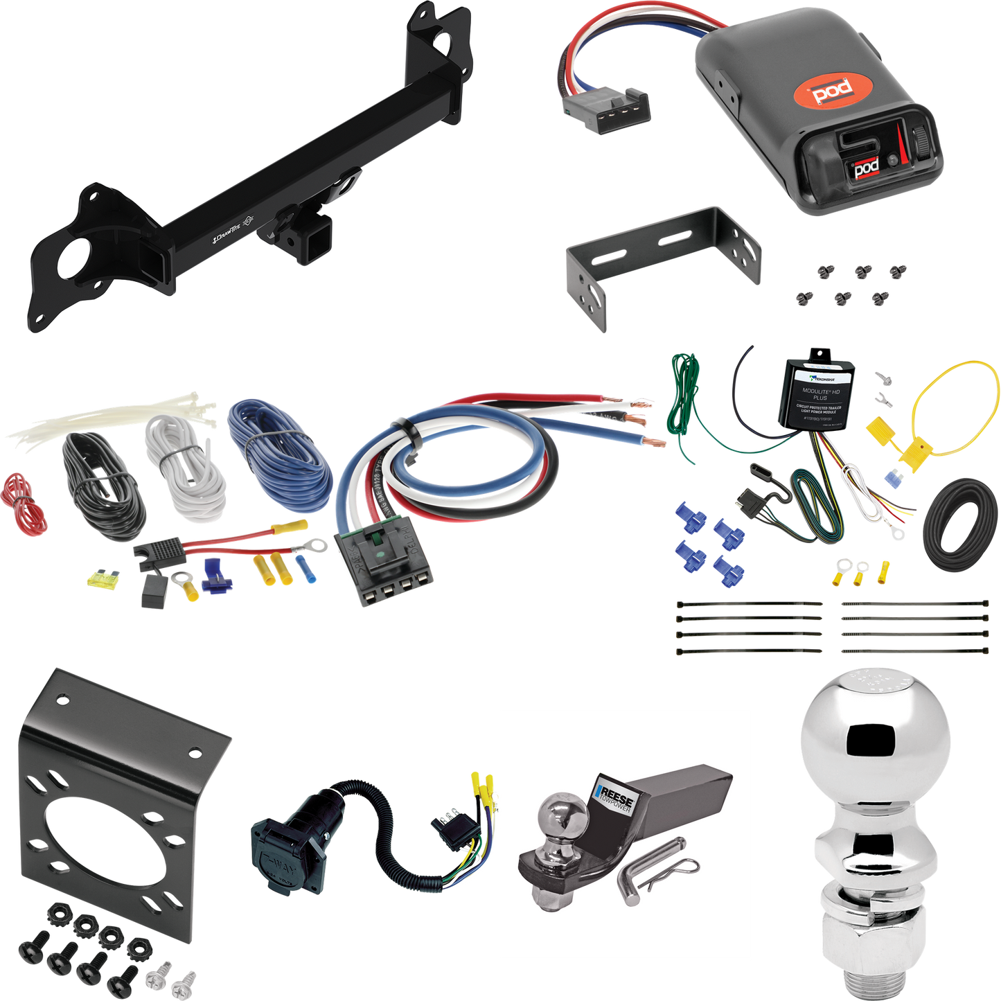 Fits 2020-2020 Tesla Y Trailer Hitch Tow PKG w/ Pro Series POD Brake Control + Generic BC Wiring Adapter + 7-Way RV Wiring + 2" & 2-5/16" Ball & Drop Mount By Draw-Tite