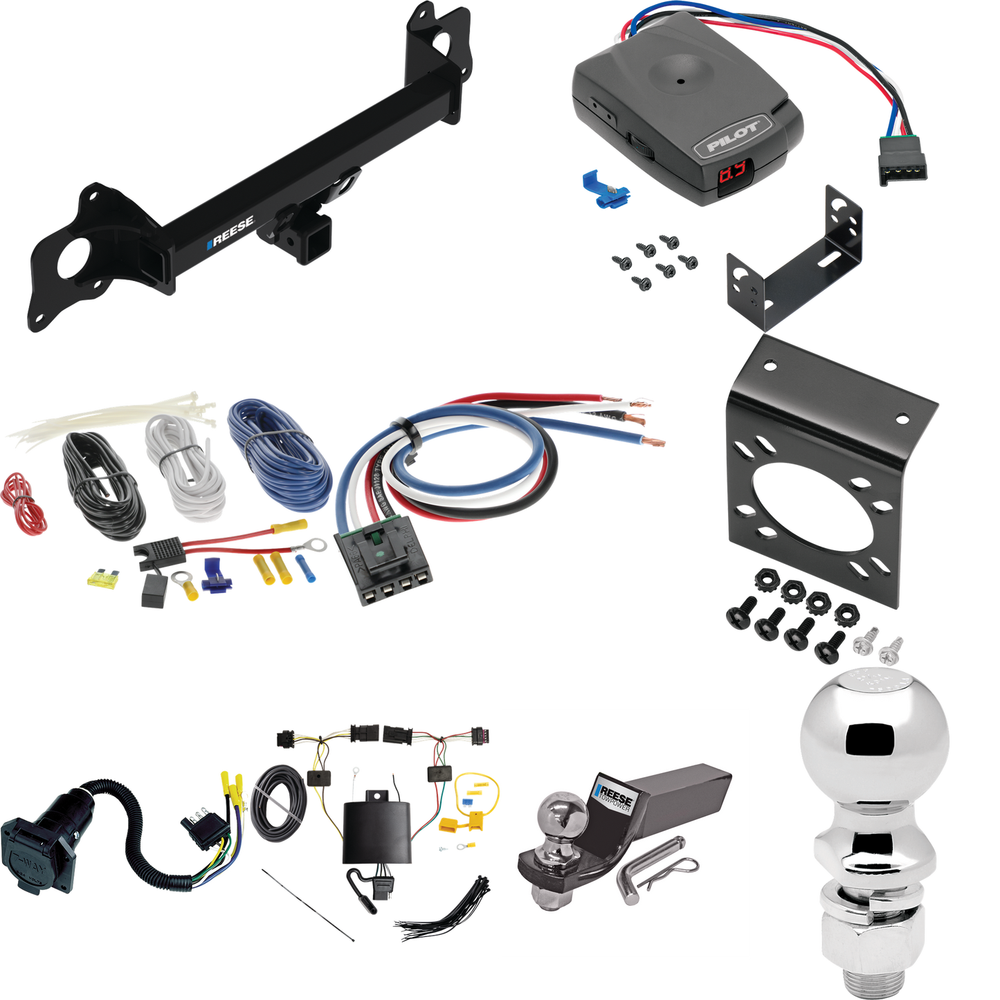 Se adapta al paquete de enganche de remolque Tesla Y 2021-2023 con control de freno piloto Pro Series + adaptador de cableado BC genérico + cableado RV de 7 vías + soporte de bola y caída de 2" y 2-5/16" de Reese Towpower