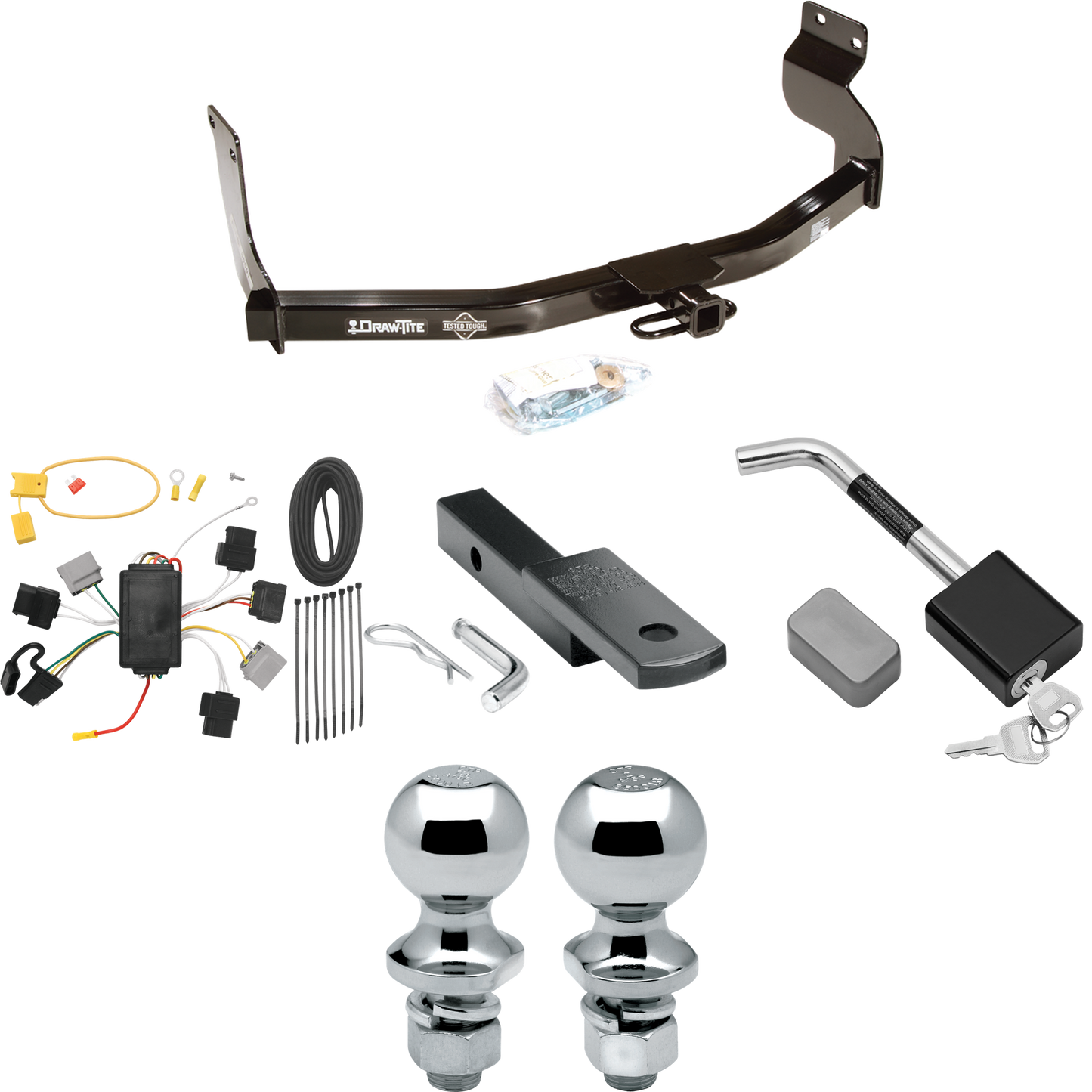 Se adapta al paquete de enganche de remolque Ford Escape 2005-2007 con arnés de cableado de 4 planos + barra de tracción + bola de 1-7/8" + 2" + bloqueo de enganche de Draw-Tite