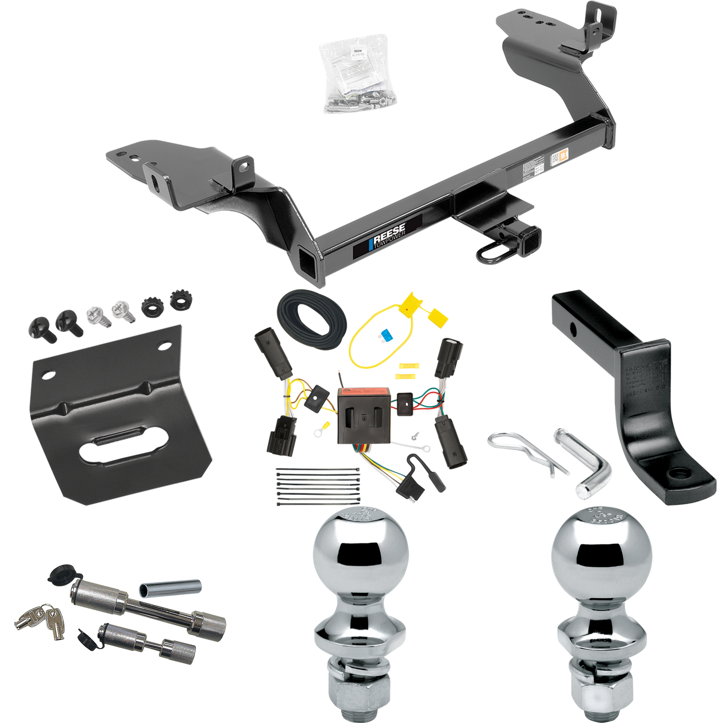 Fits 2013-2016 Ford Escape Trailer Hitch Tow PKG w/ 4-Flat Wiring Harness + Draw-Bar + 1-7/8" + 2" Ball + Wiring Bracket + Dual Hitch & Coupler Locks By Reese Towpower